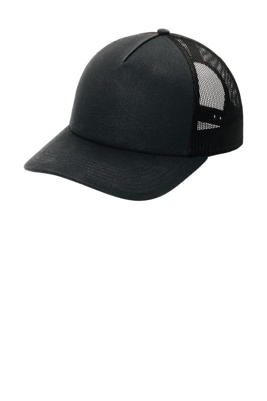 Black Port Authority Low-Profile Snapback 5-Panel Trucker Cap with curved brim, shown from the left side.