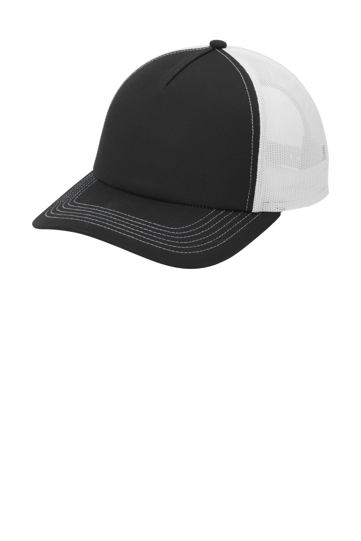 Black and white Port Authority low-profile snapback 5-panel trucker cap viewed from the left side.