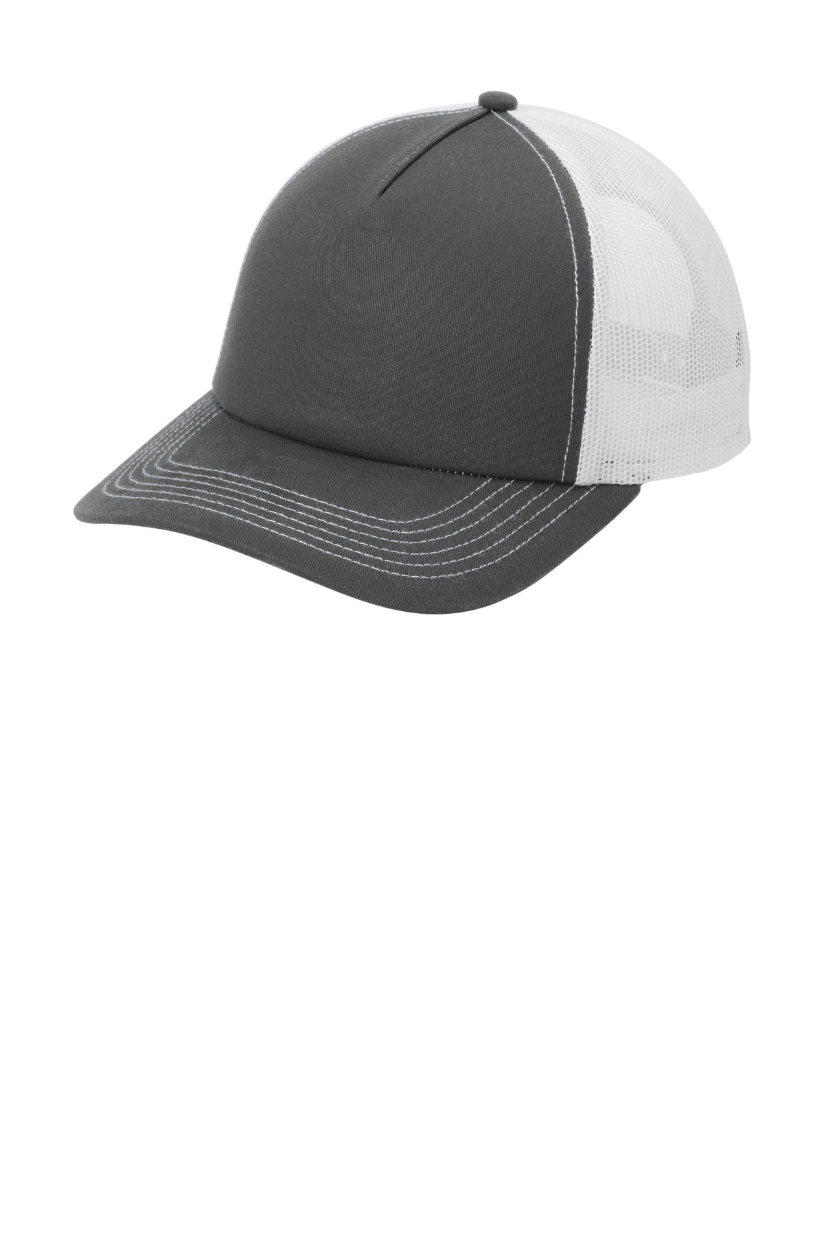 Port Authority low-profile snapback trucker cap in grey steel and white, showing the front and left side view.