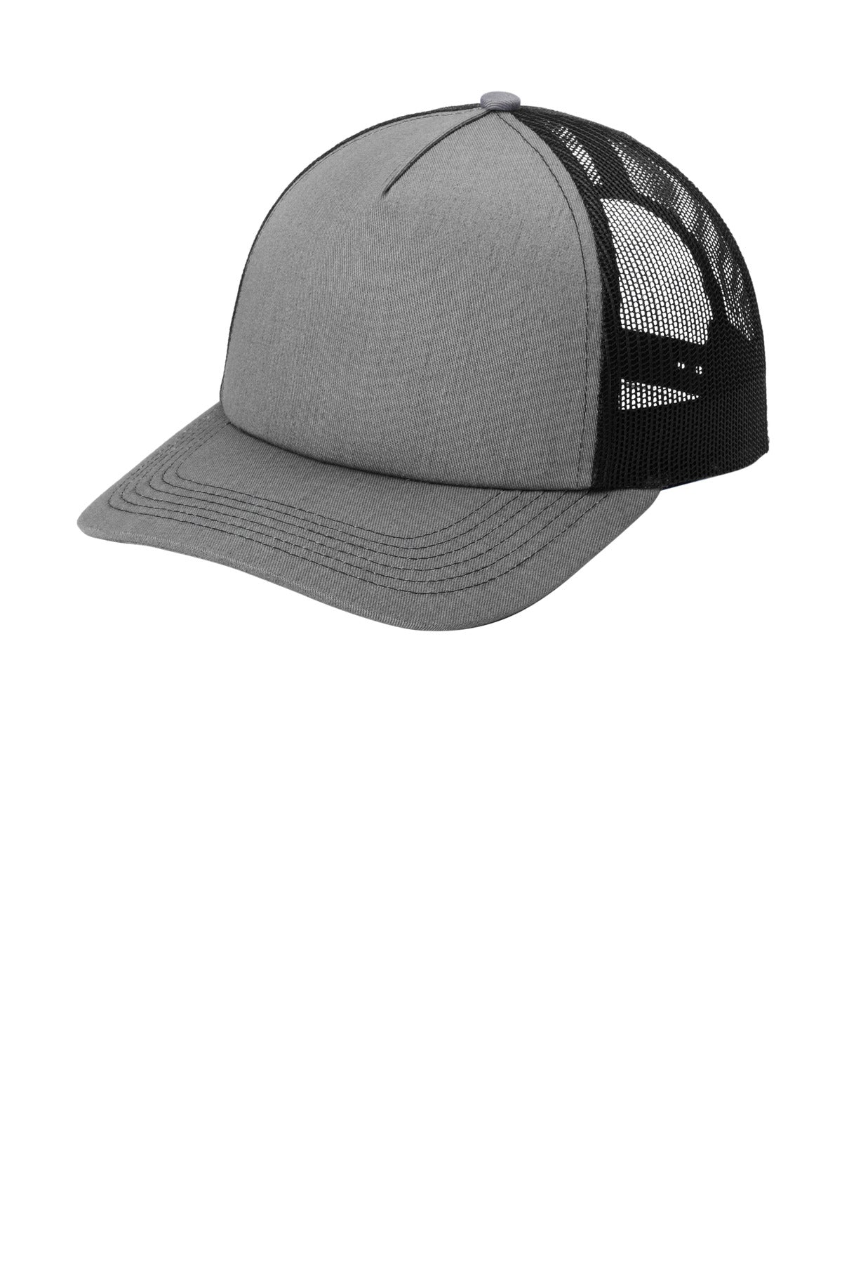 Port Authority low-profile snapback trucker cap in heather grey and black, showing the front and side view.