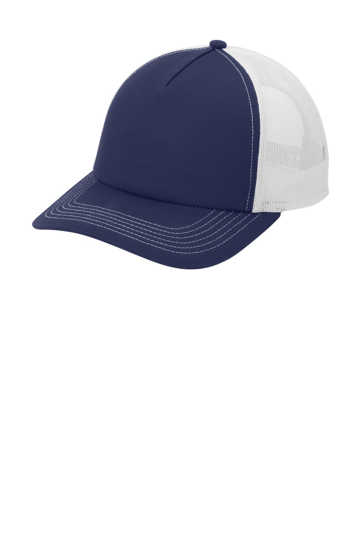 Port Authority low-profile snapback trucker cap in true navy and white, 5-panel design, shown from the left side.