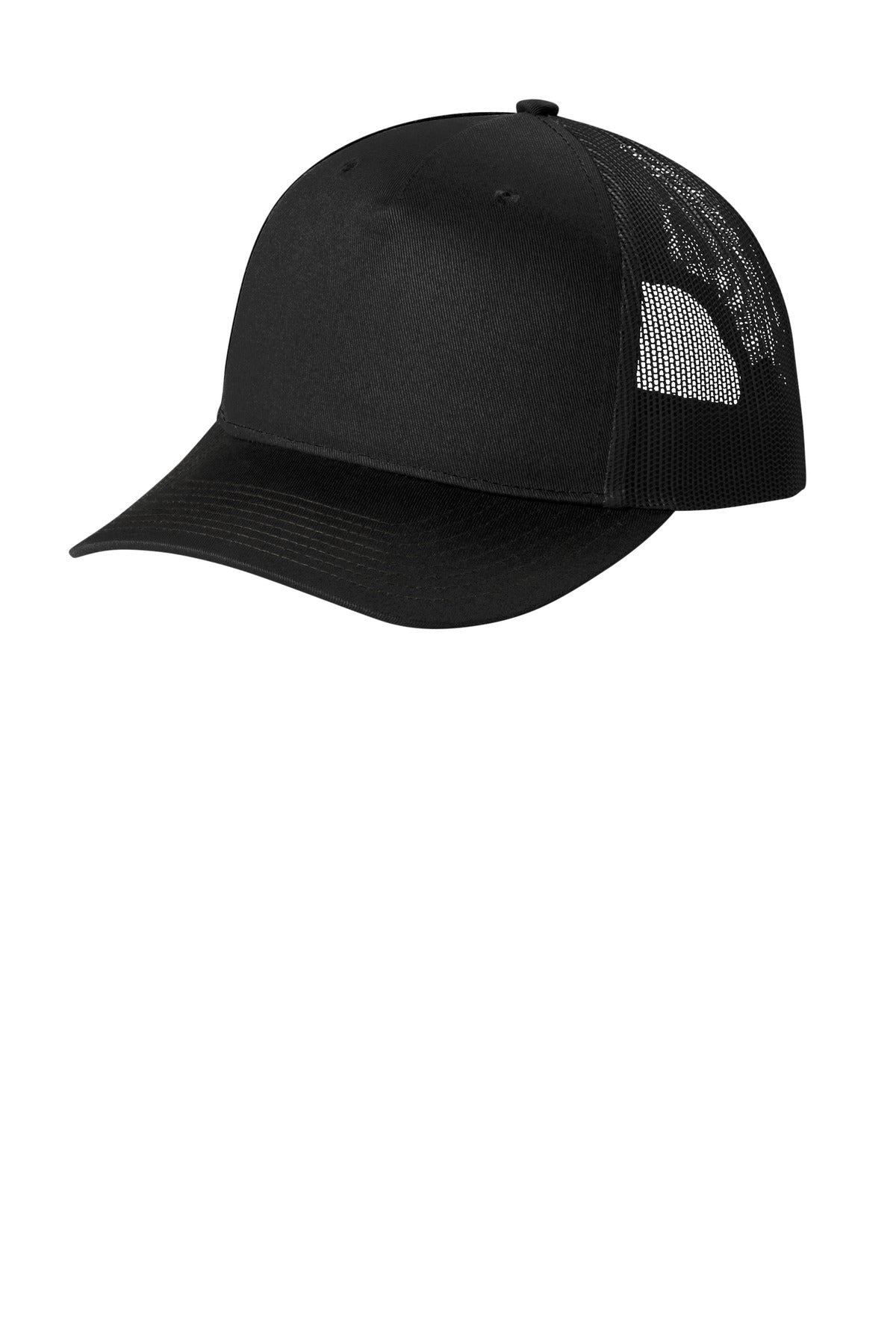 Black Port Authority snapback five-panel trucker cap with flat front and adjustable snap closure.