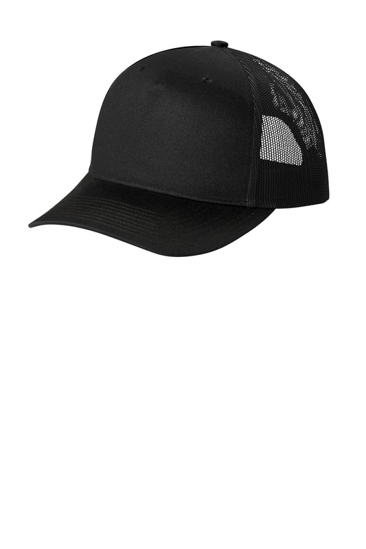 Black Port Authority snapback five-panel trucker cap with flat front and adjustable snap closure.