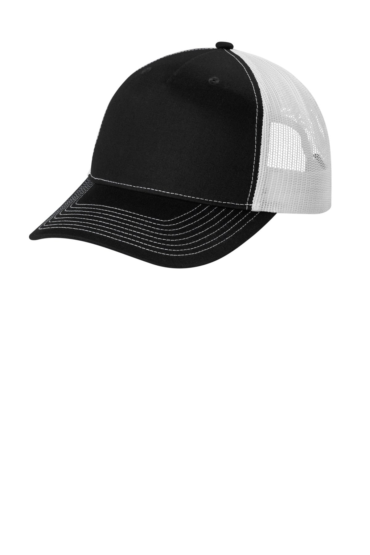 Black and white Port Authority snapback five-panel trucker cap with flat front panel, adjustable snap closure, and mesh back for ventilation.