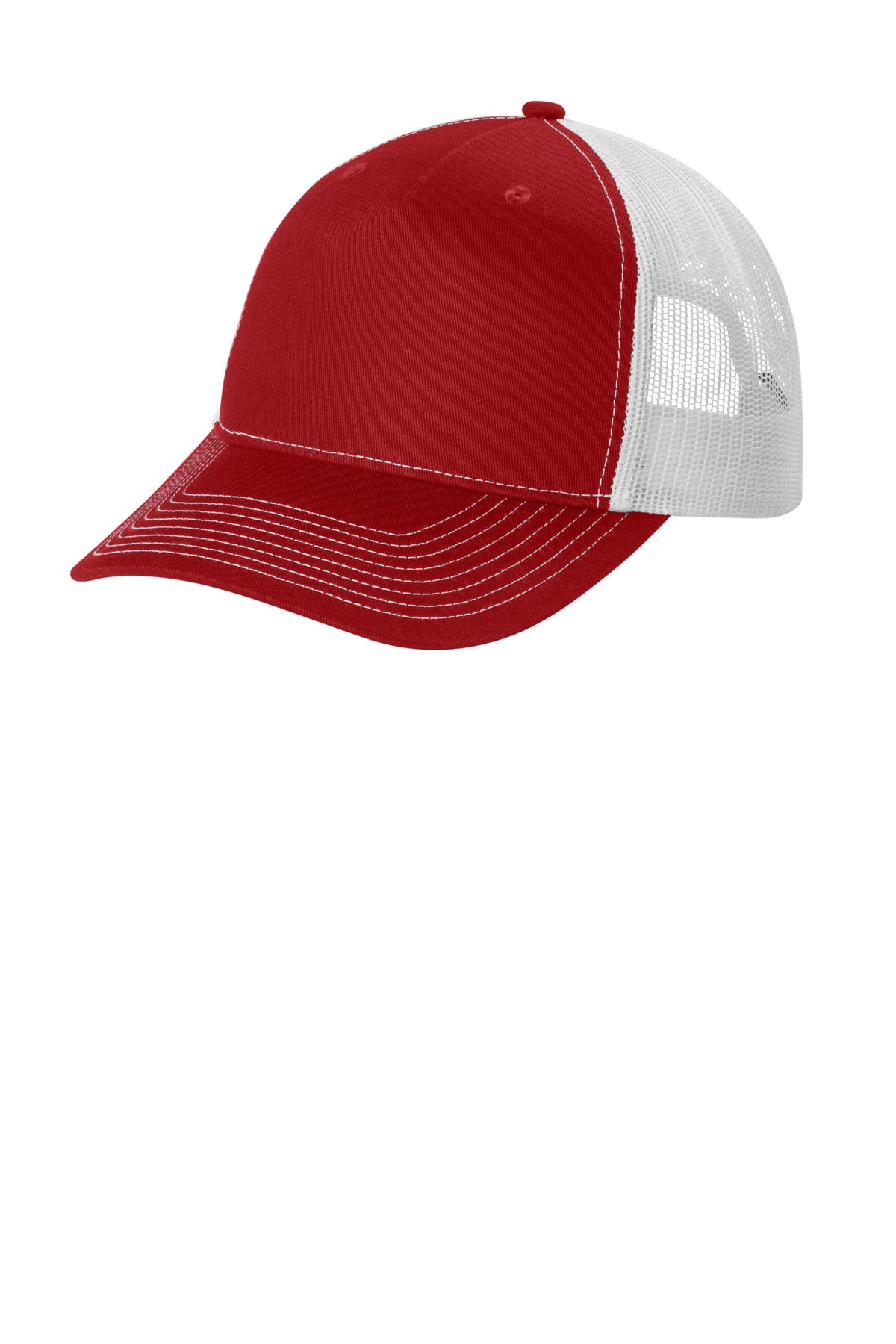 Red and white snapback five-panel trucker cap by Port Authority with a flat front and structured design.