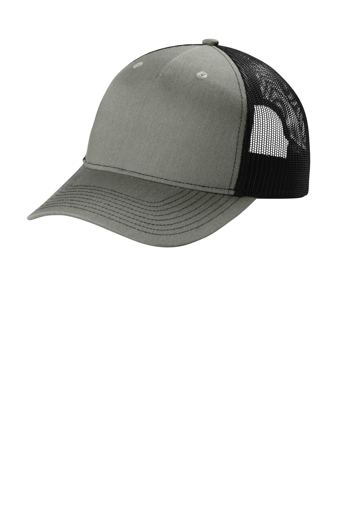 Port Authority snapback five-panel trucker cap in heather grey and black, flat front with adjustable snap closure.