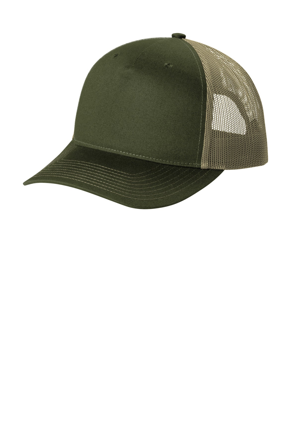Olive drab green Port Authority snapback five-panel trucker cap with flat front, adjustable snap closure, and mesh back for breathability.