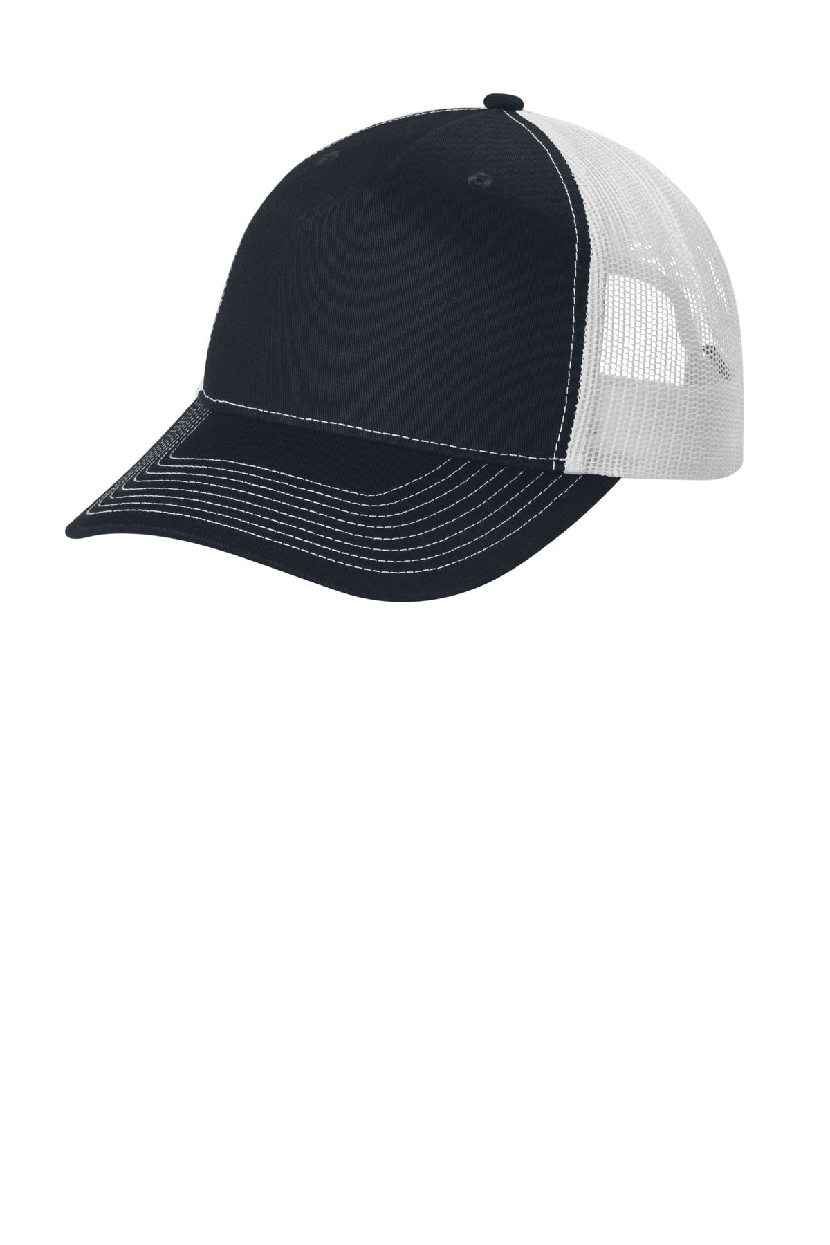 Rich navy and white Port Authority snapback five-panel trucker cap with flat front, adjustable snap closure, and classic design.