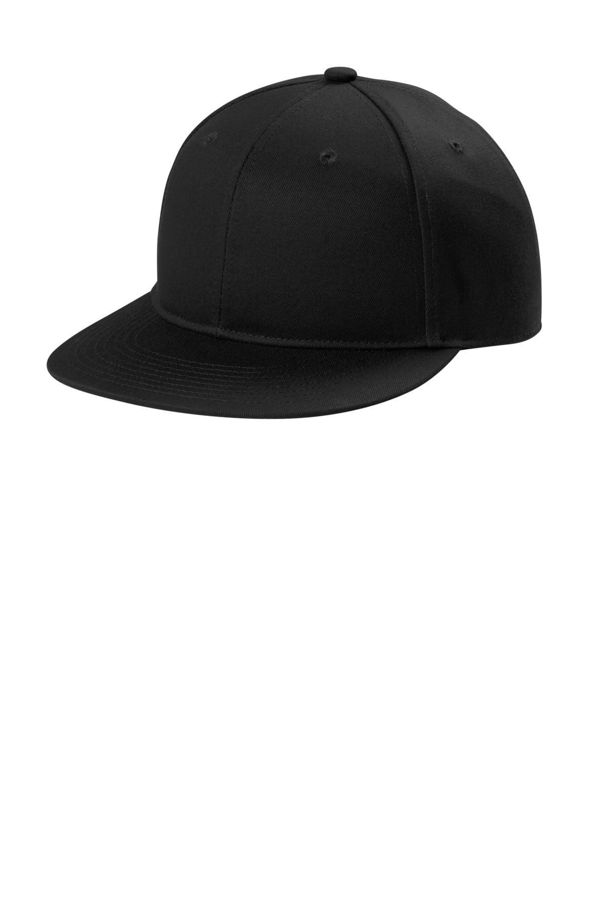 Black Port Authority snapback cap with flat bill, front view showing the structured crown and adjustable snap closure.