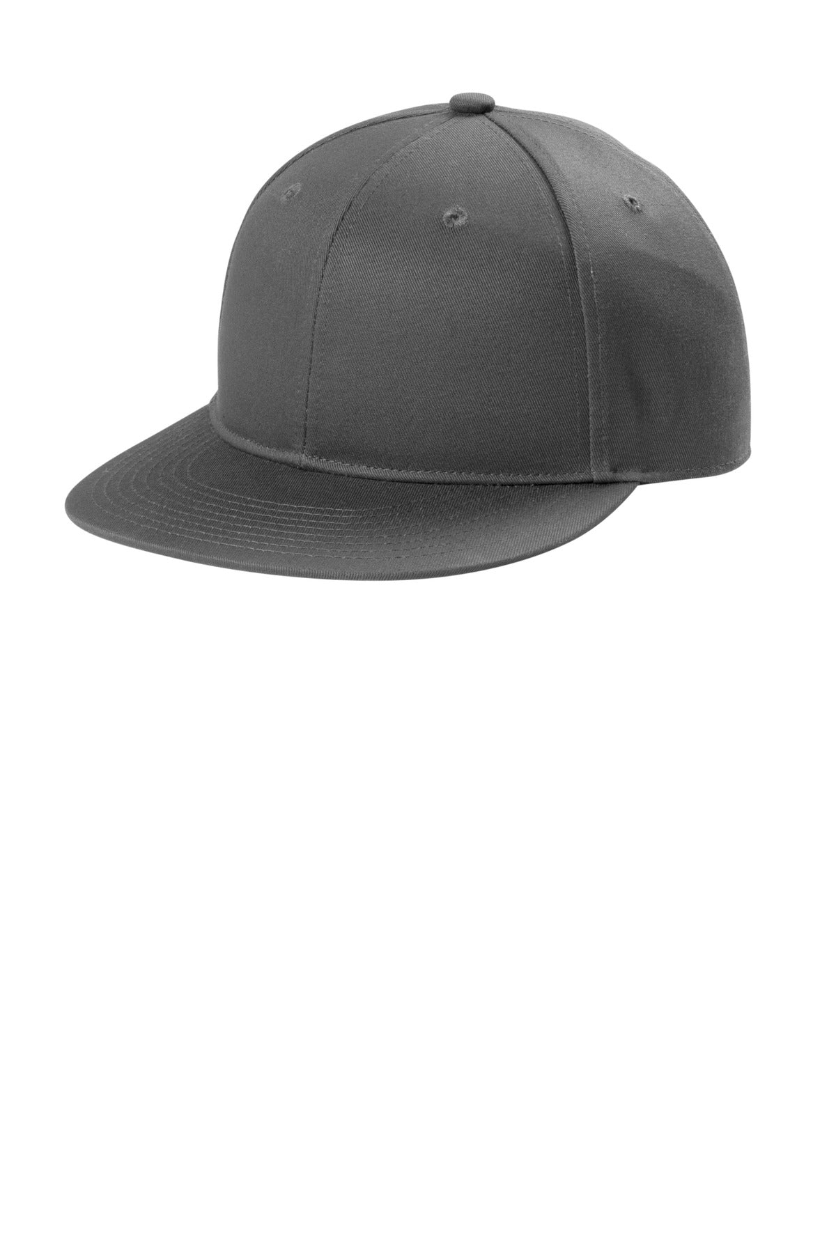 Port Authority® snapback flat bill cap in grey steel, showing front view with adjustable snap closure and flat brim design.