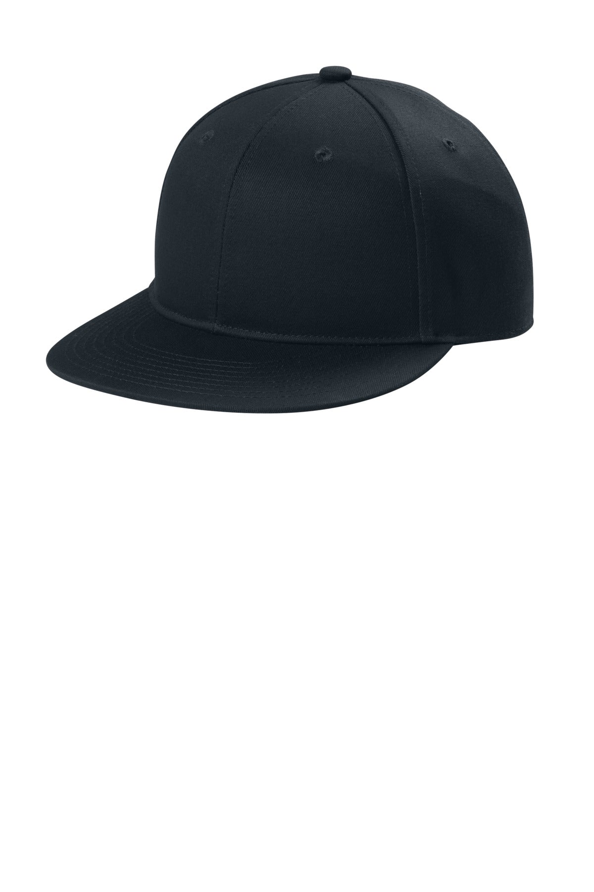 Rich navy Port Authority snapback flat bill cap with front view, showcasing its structured design and adjustable strap.
