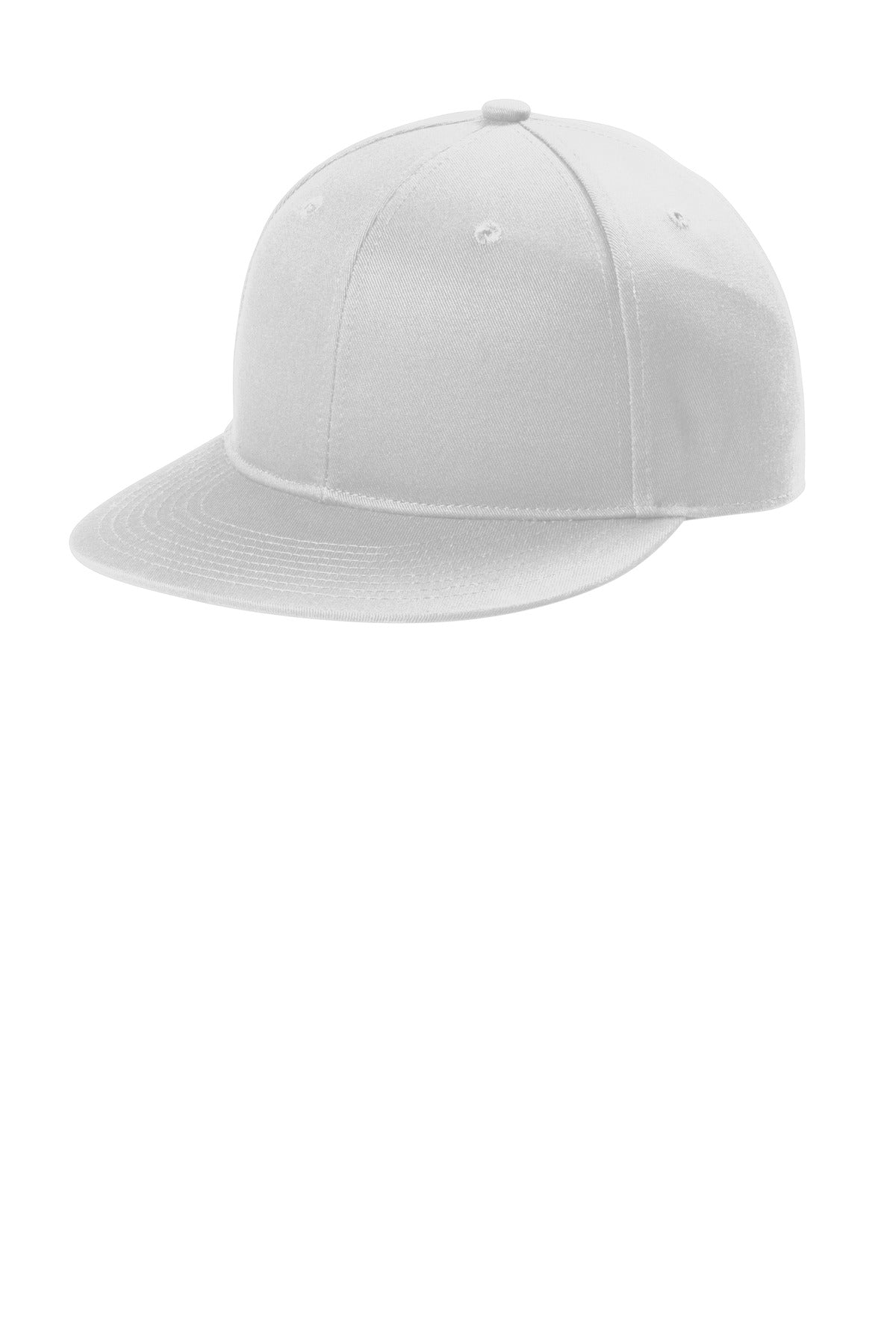 White Port Authority snapback cap with a flat bill and structured front panel, showcasing a classic and stylish design.