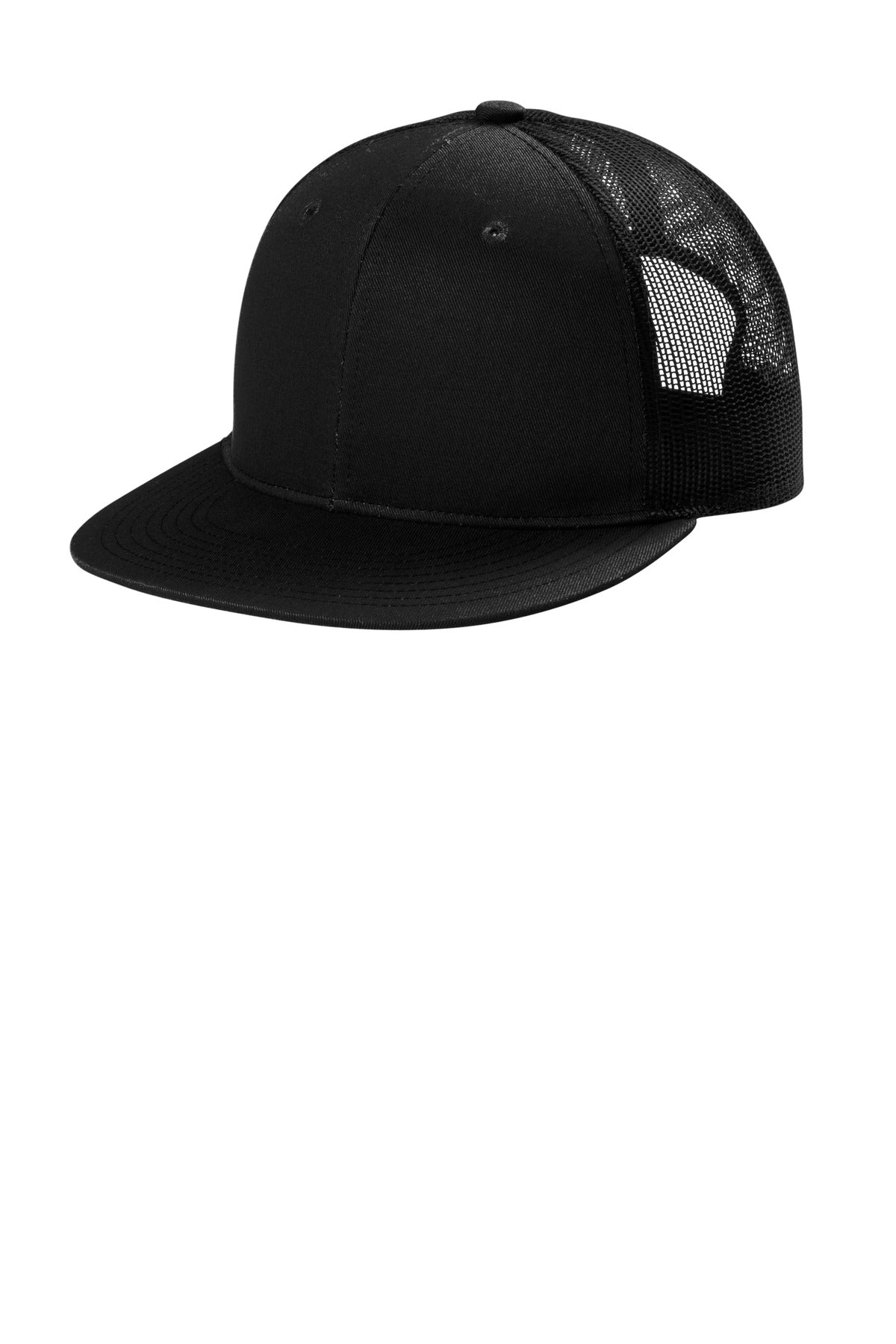 Black Port Authority snapback flat bill trucker cap with front panel design and adjustable snap closure.