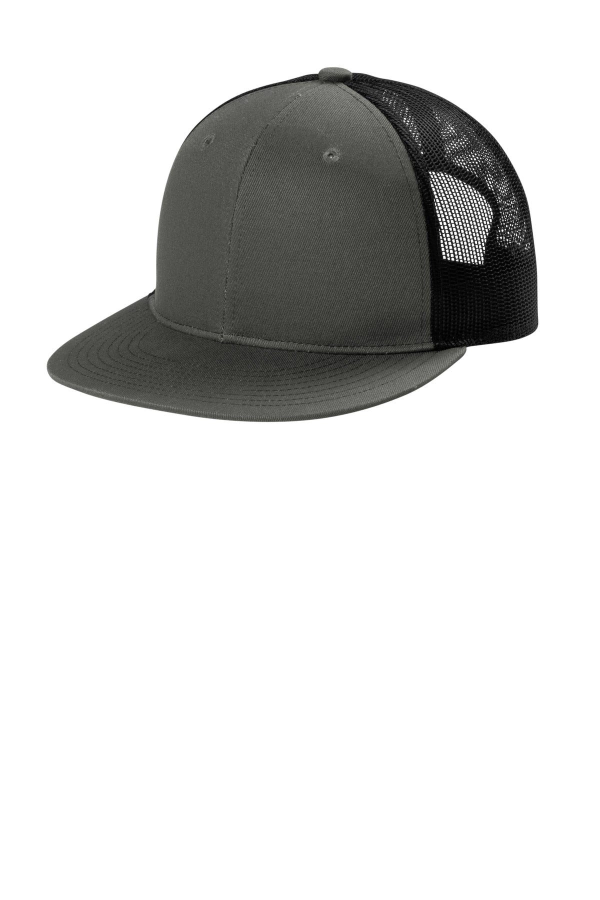 Port Authority snapback trucker cap with flat bill in grey steel and black, featuring a structured front panel and adjustable snap closure.