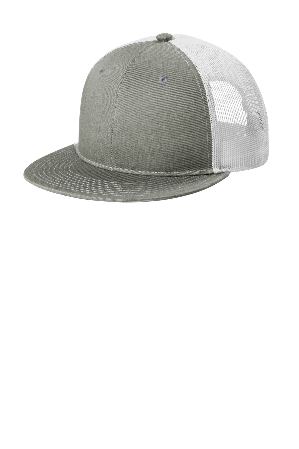 Port Authority snapback flat bill trucker cap in heather grey and white with a structured front panel and adjustable snap closure.