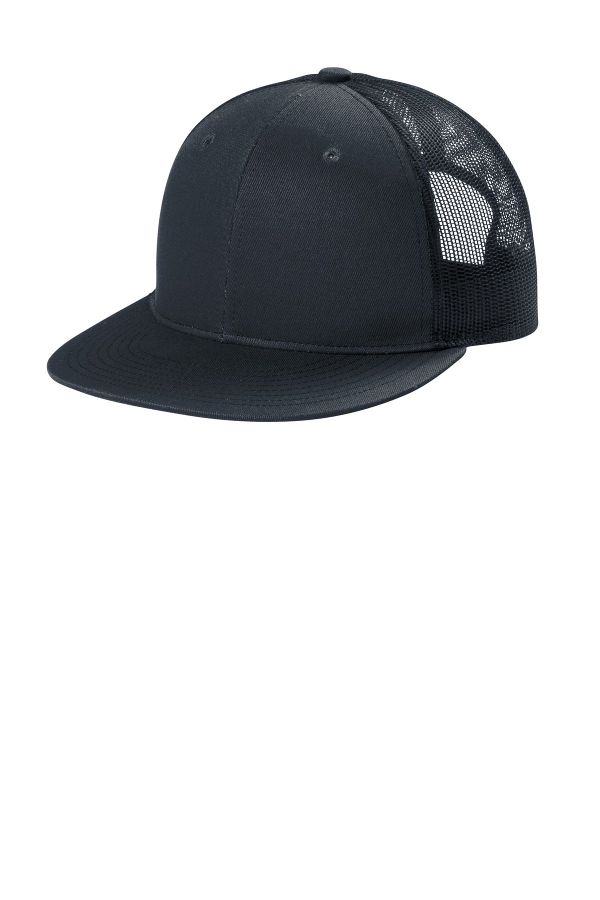 Port Authority snapback flat bill trucker cap in rich navy with a structured front panel and adjustable snap closure.