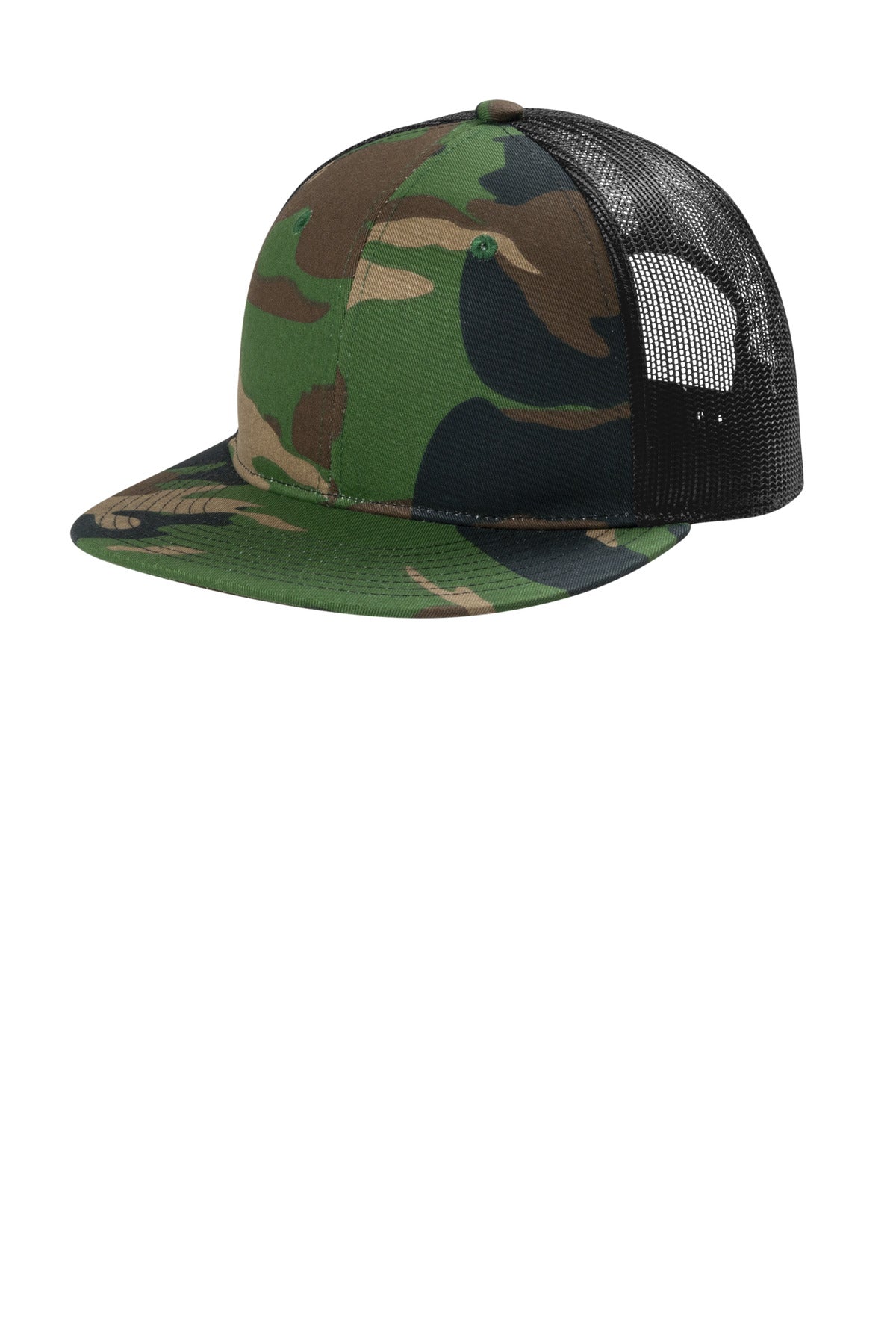 Port Authority snapback flat bill trucker cap in woodland camouflage and black, front view showing adjustable snap closure.