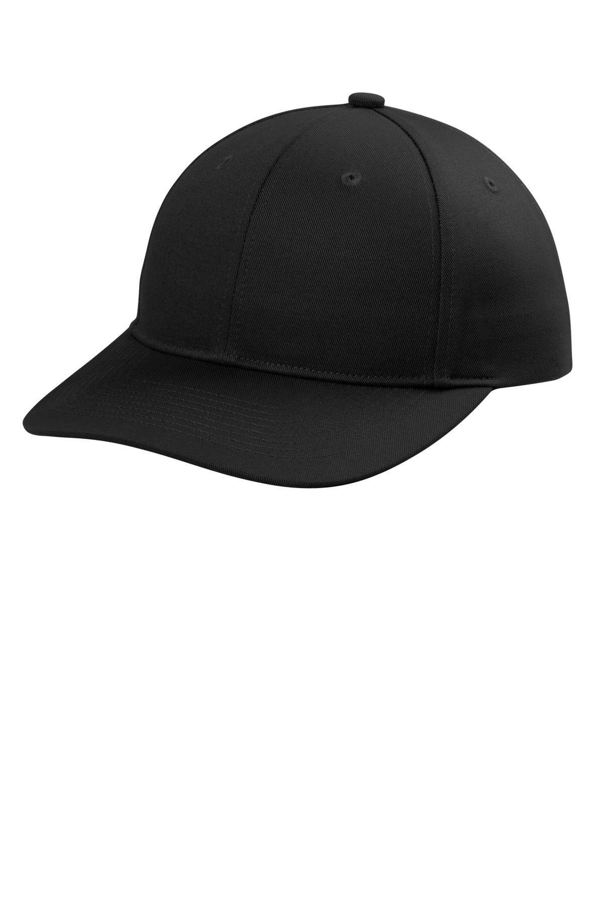 Black Port Authority ® snapback cap with flat brim, shown from the left side, featuring adjustable snapback closure.