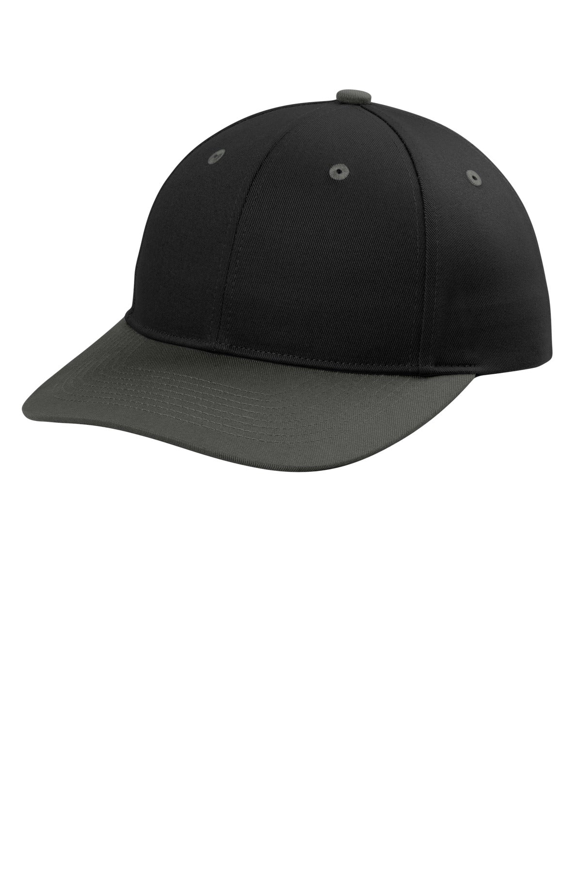 Black and grey Port Authority snapback cap with a flat brim, displayed from the left side showing the front view.