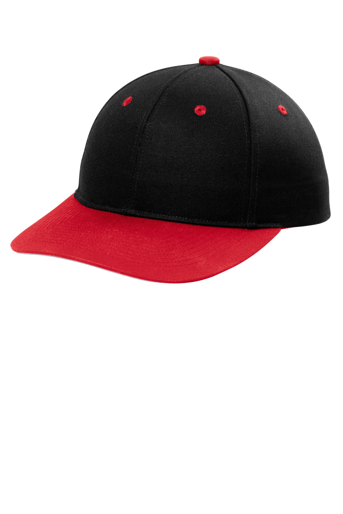 Black and true red Port Authority snapback cap with structured crown and flat brim, shown from the left side.