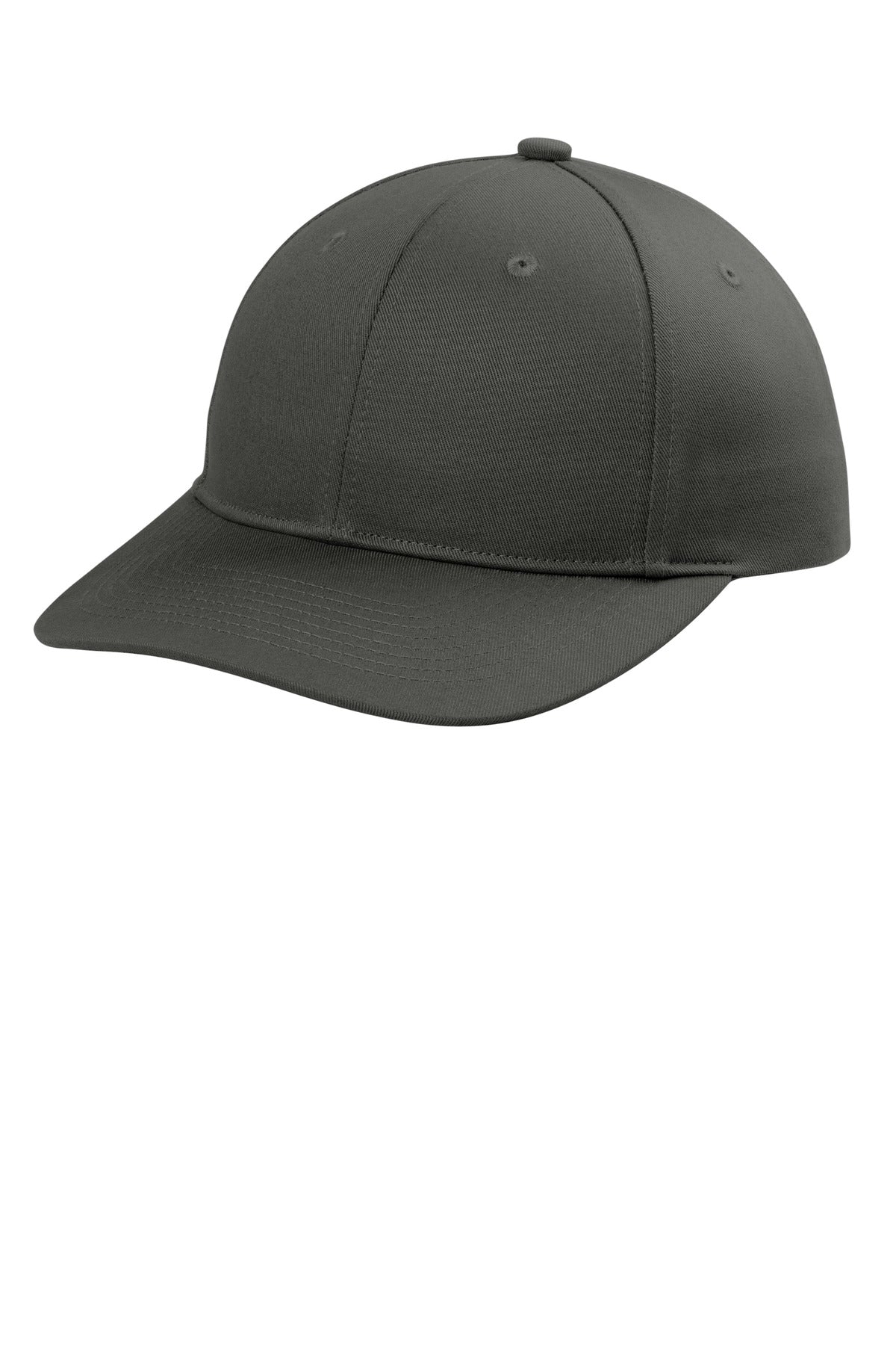 Port Authority snapback cap in grey steel color, flat brim, showing left side view with adjustable strap detail.