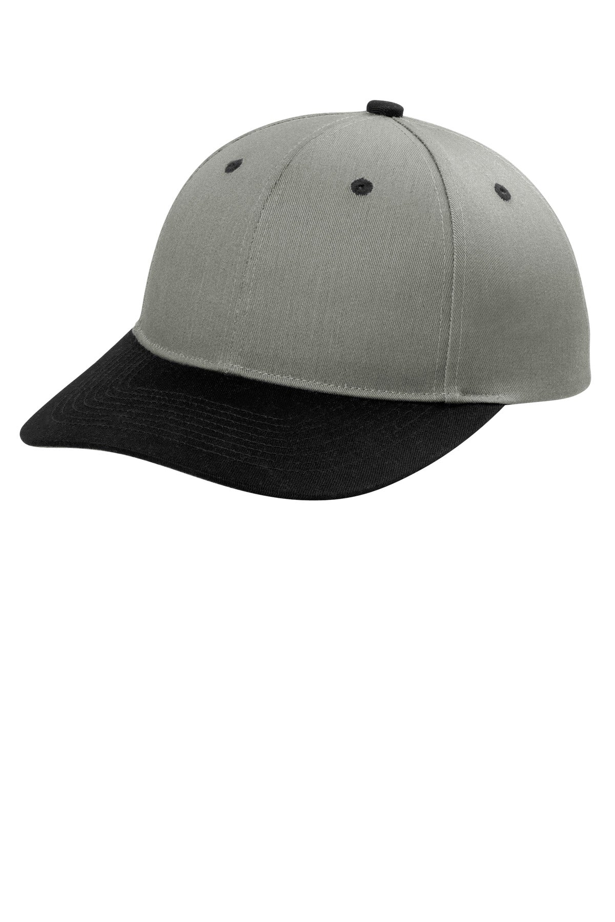 Heather grey and black Port Authority snapback cap with flat brim, showing front and side view of the stylish adjustable hat.