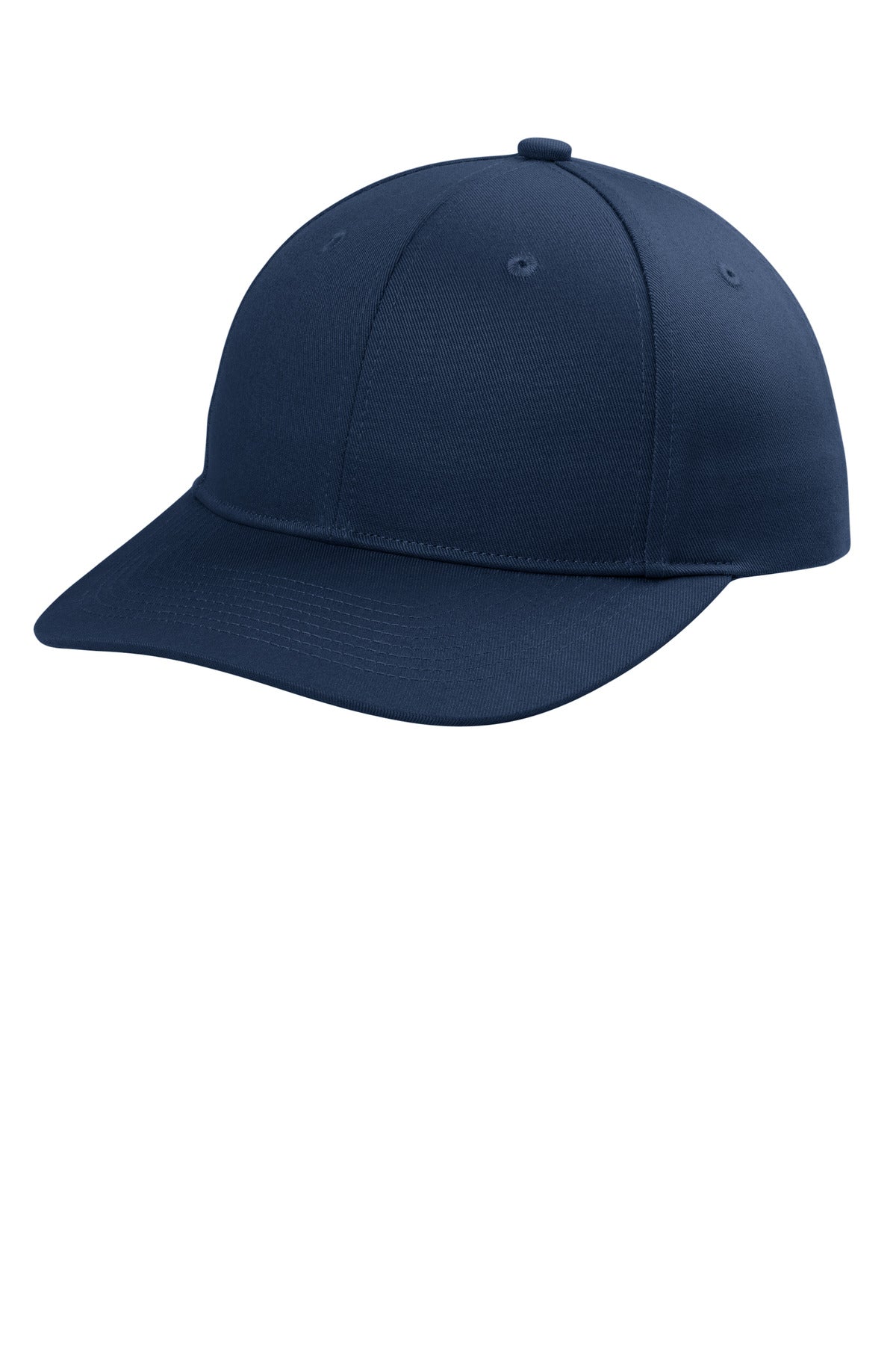 Port Authority C408 snapback cap in true navy color, flat brim, adjustable snap closure, displayed from the left side.