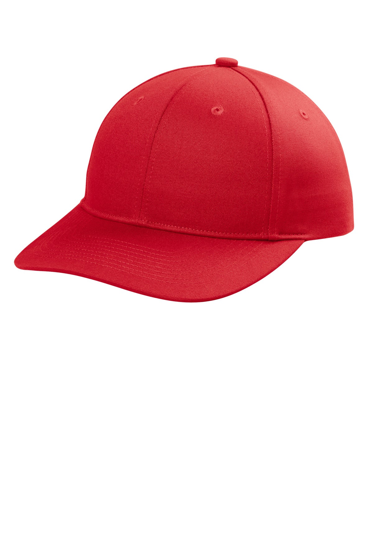 Port Authority ® snapback cap in true red with flat brim, shown from the left angle.