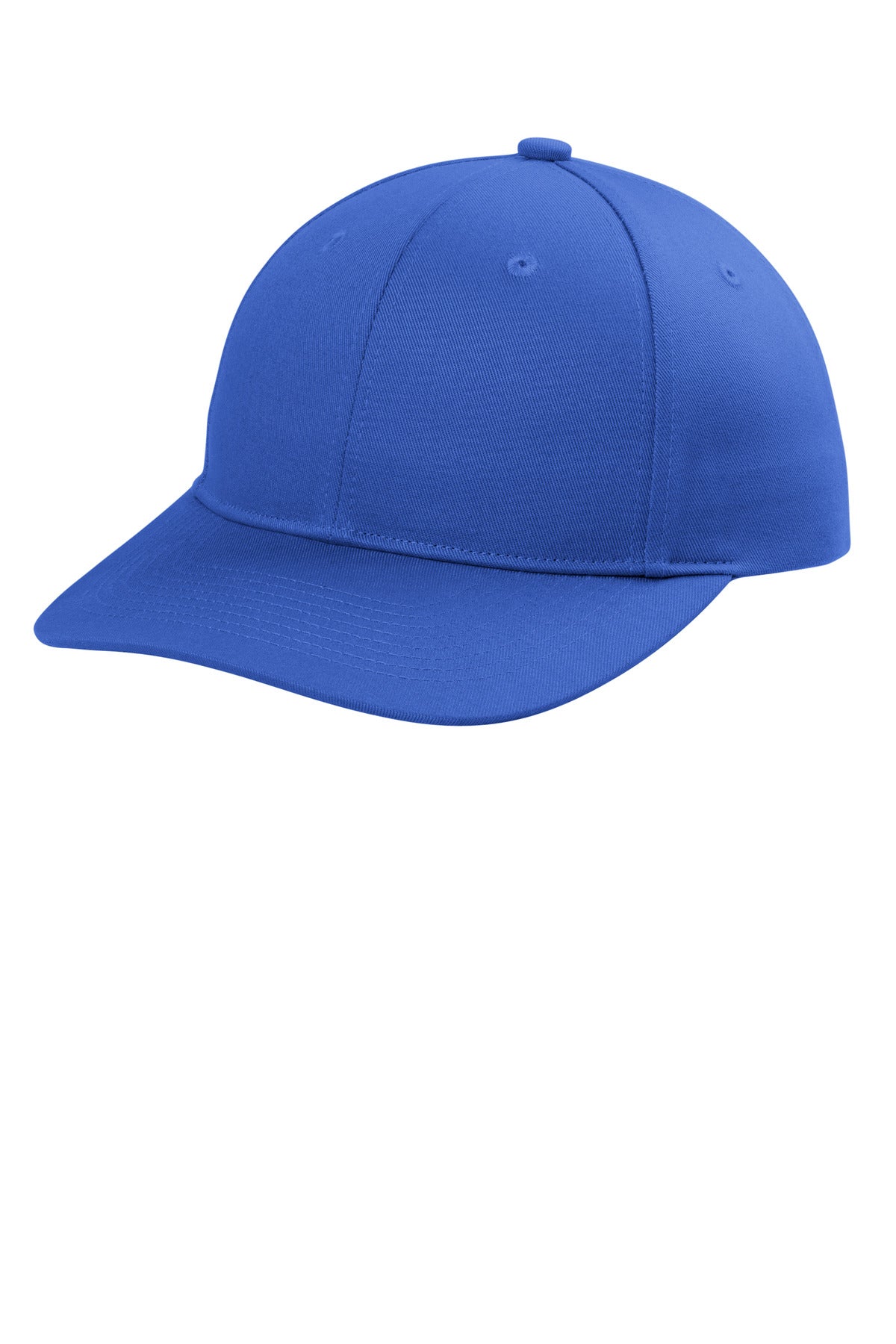 Port Authority® snapback cap in true royal color, flat brim, left view showing adjustable snapback closure.