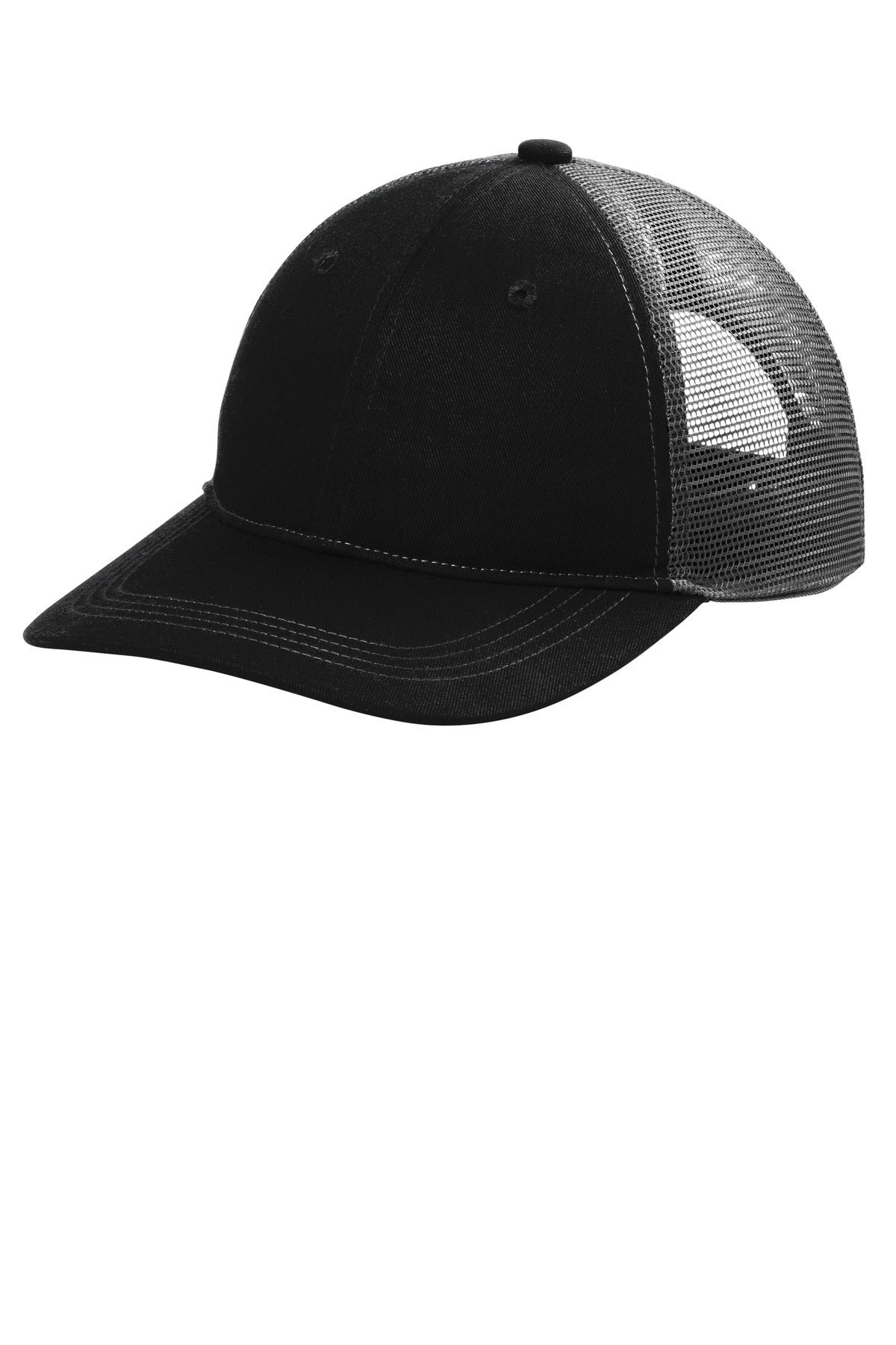 Black and gray Port Authority Unstructured Snapback Trucker Cap with flat brim, shown from the left side.