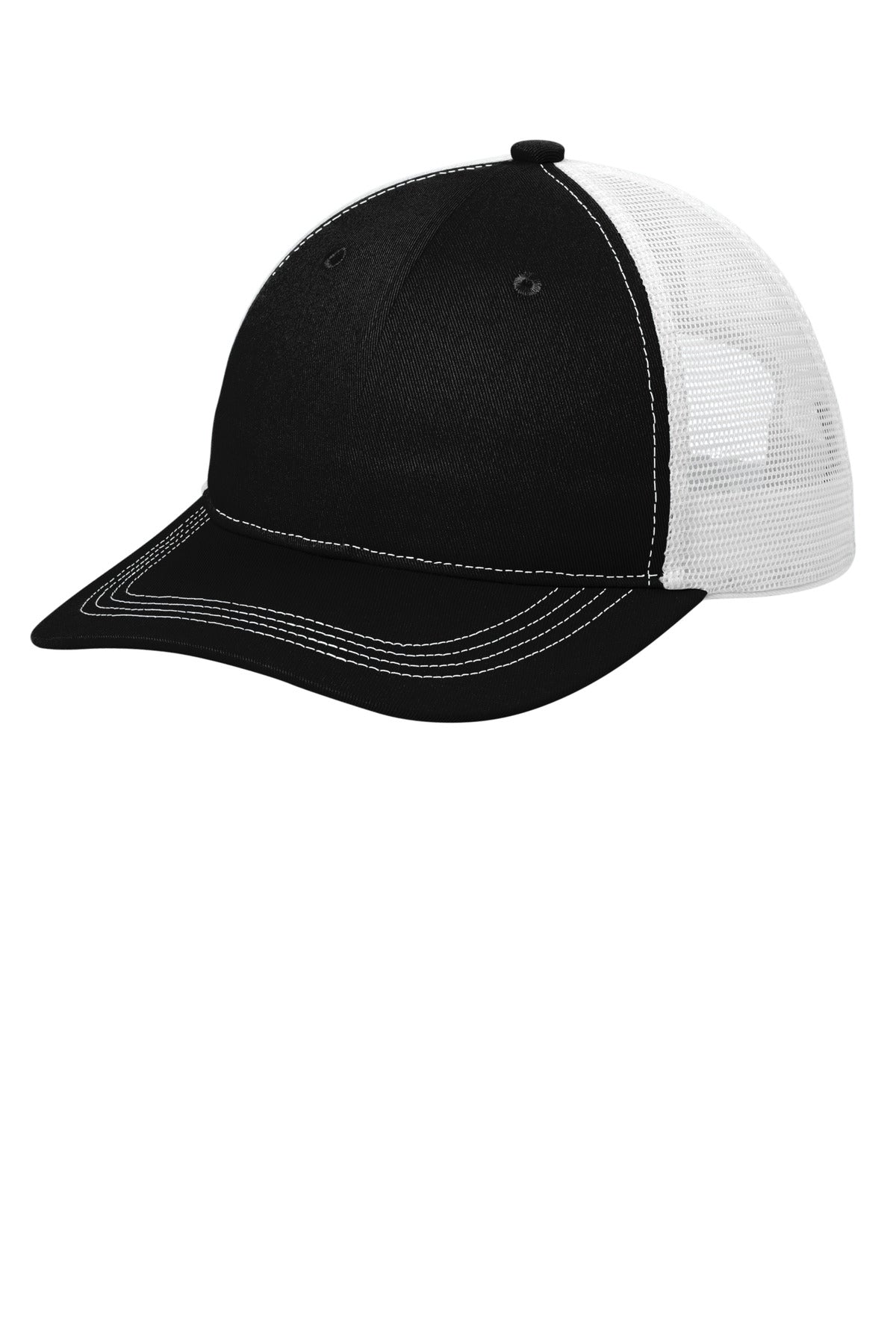 Black and white Port Authority unstructured snapback trucker cap with curved brim, shown from the left side.