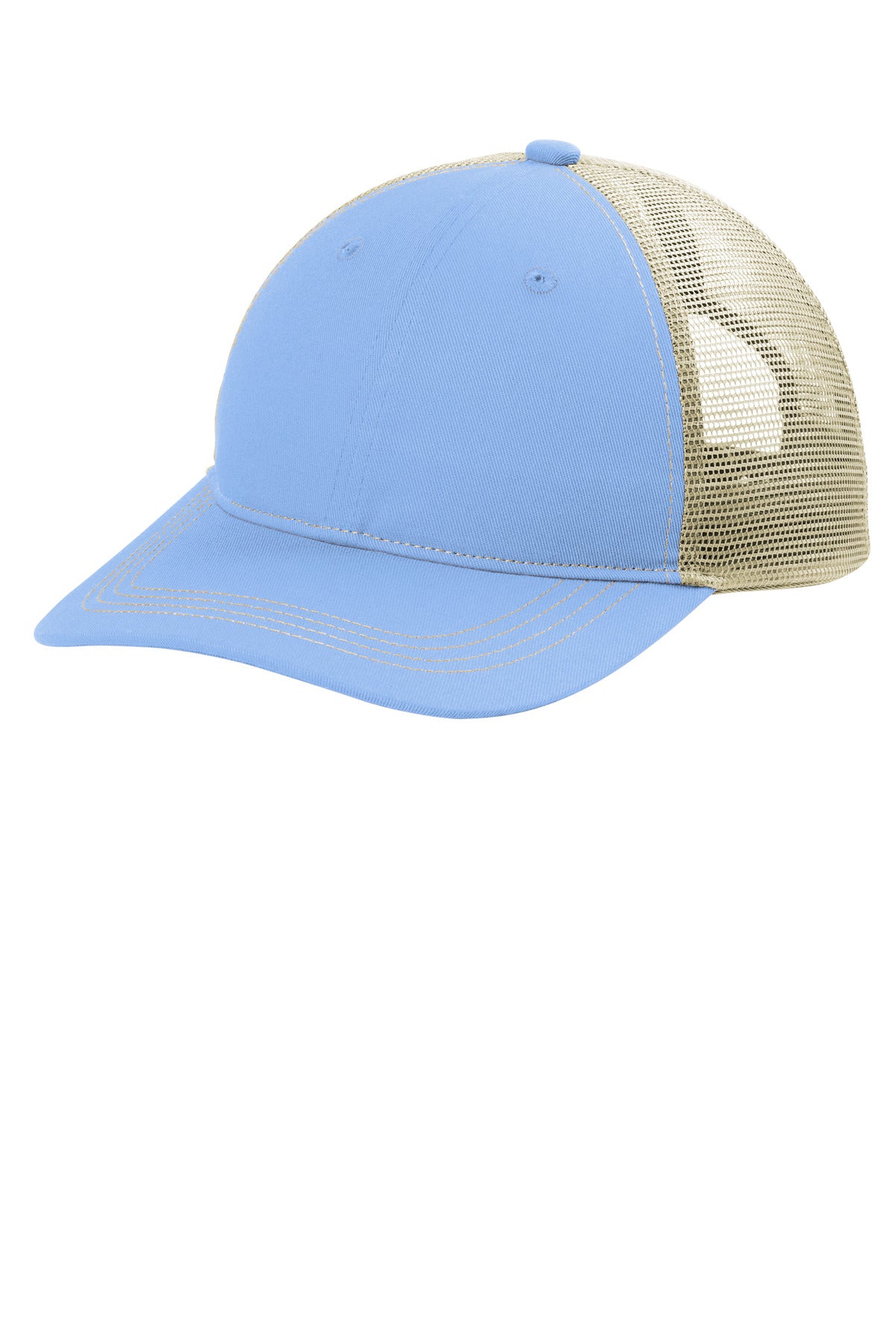 Port Authority unstructured snapback trucker cap in Carolina blue, shown from the front-left view.