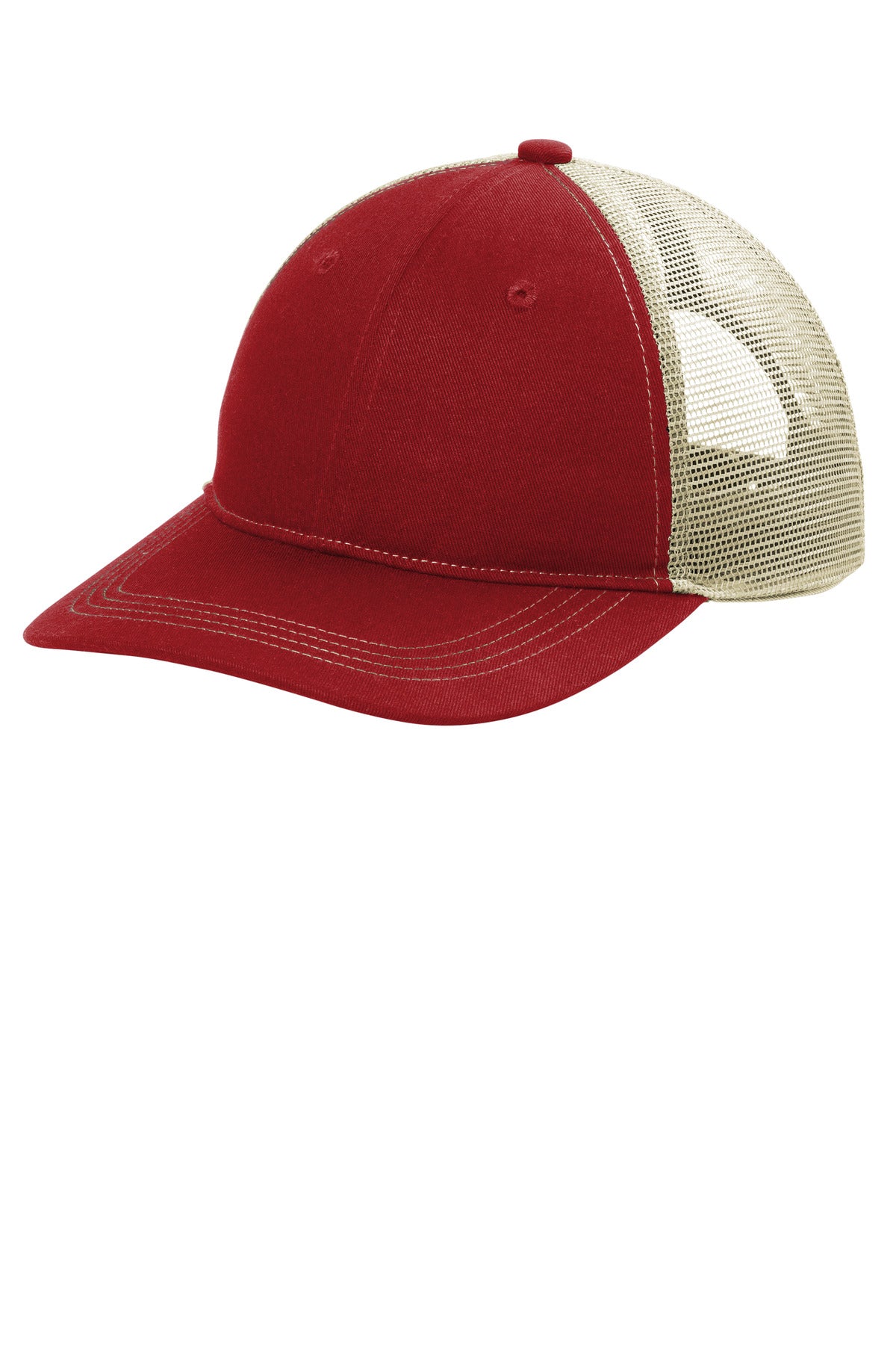 Port Authority unstructured snapback trucker cap in flame red tan, shown from the flat left angle.