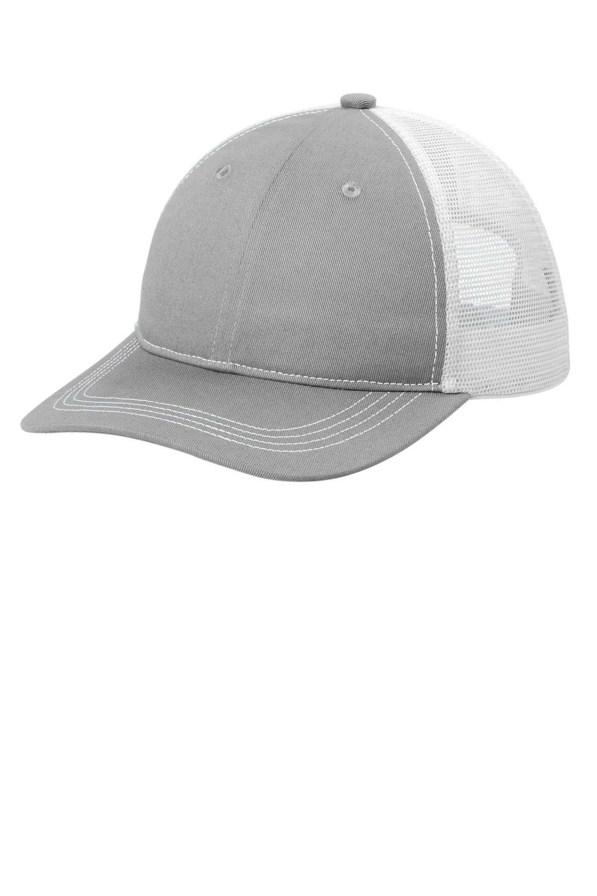Port Authority Unstructured Snapback Trucker Cap in gusty grey and white, shown from the left side.