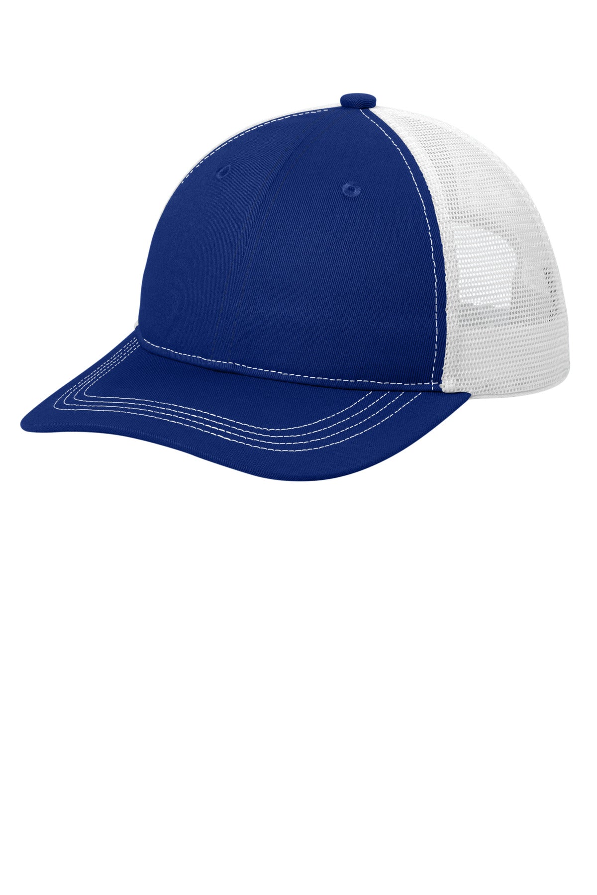 Port Authority unstructured snapback trucker cap in patriot blue and white, shown from the left side.