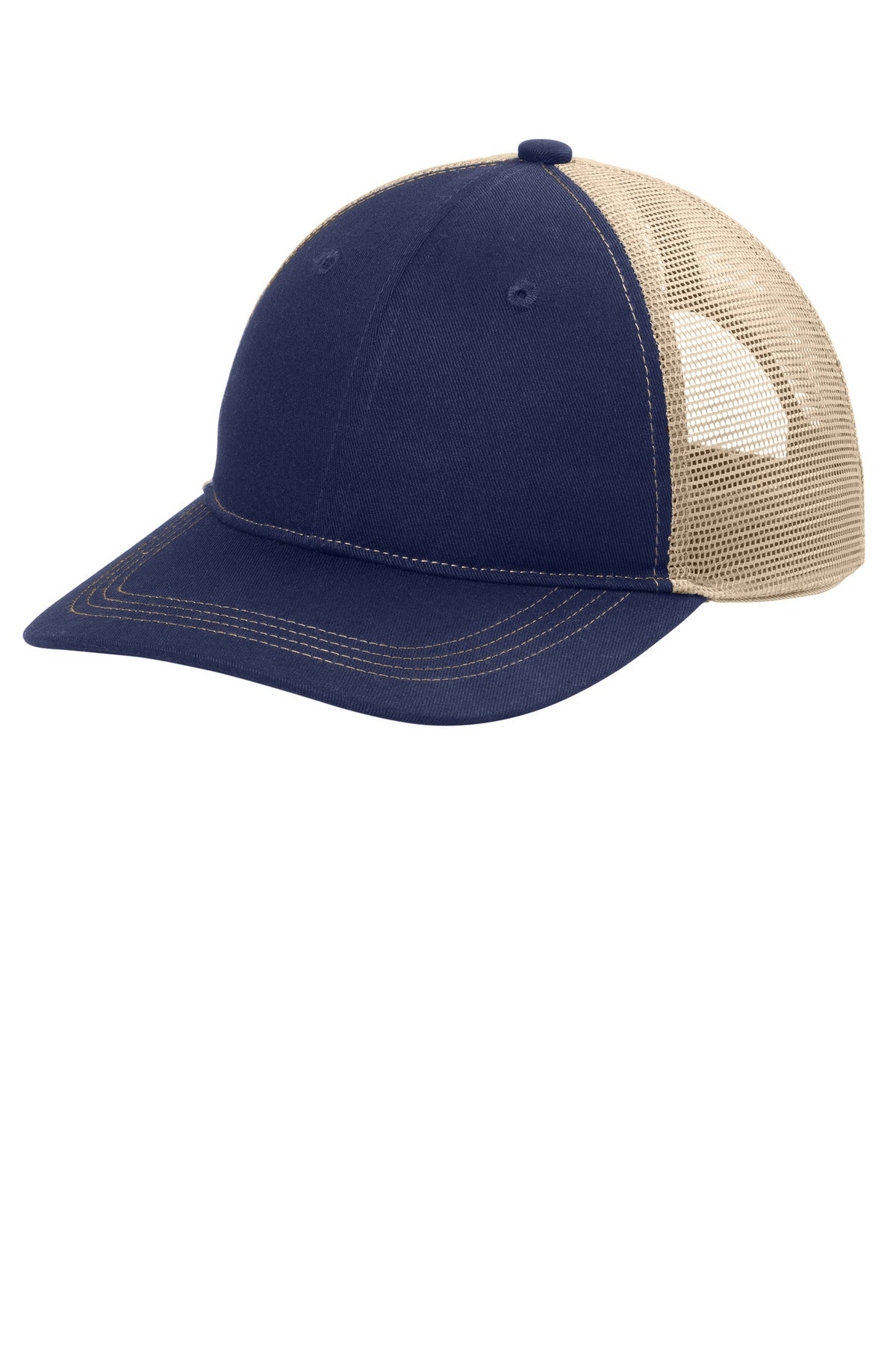 Port Authority unstructured snapback trucker cap in navy tan color, shown from the left side with a curved brim and mesh back.