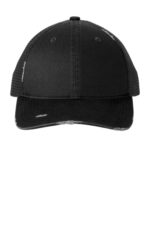 Black Port Authority distressed mesh back cap with curved brim and adjustable strap, showcasing casual style and breathable design.