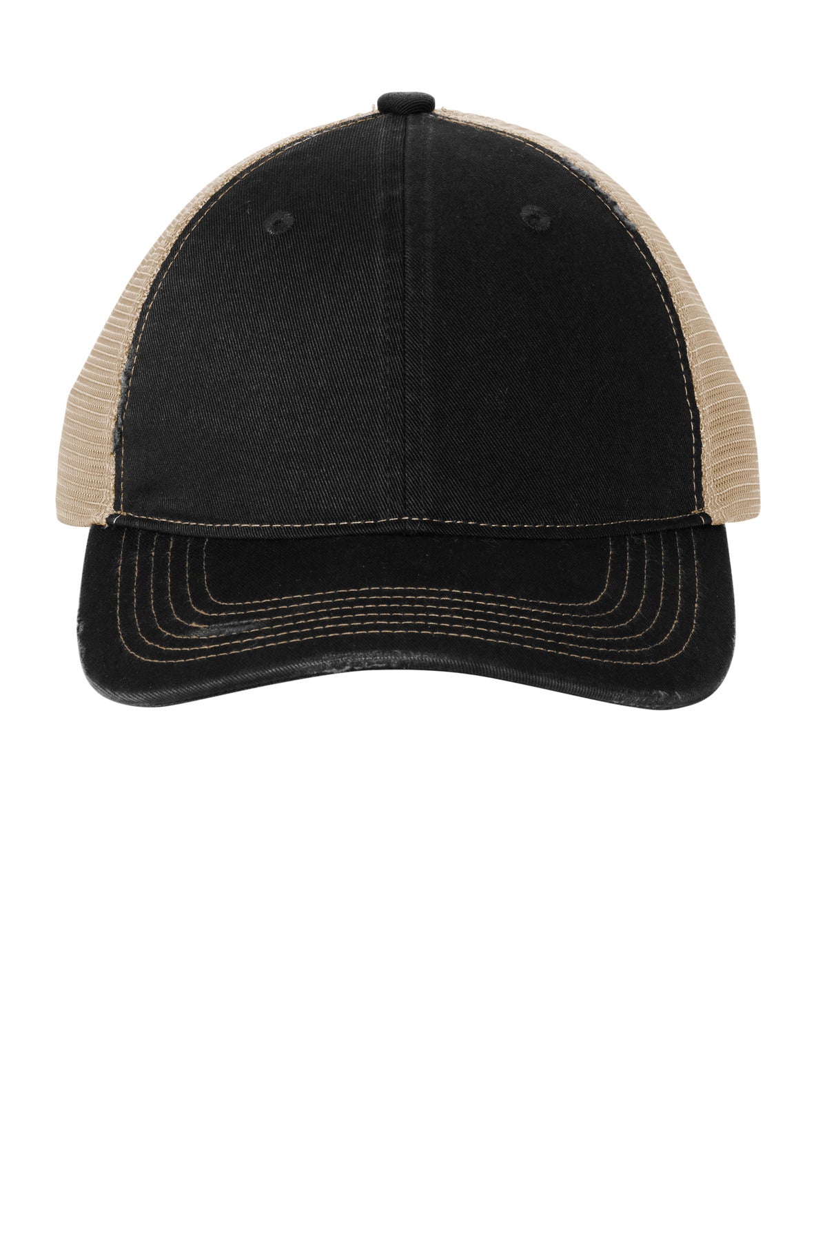 Black and khaki Port Authority distressed mesh back cap with curved brim and adjustable strap.