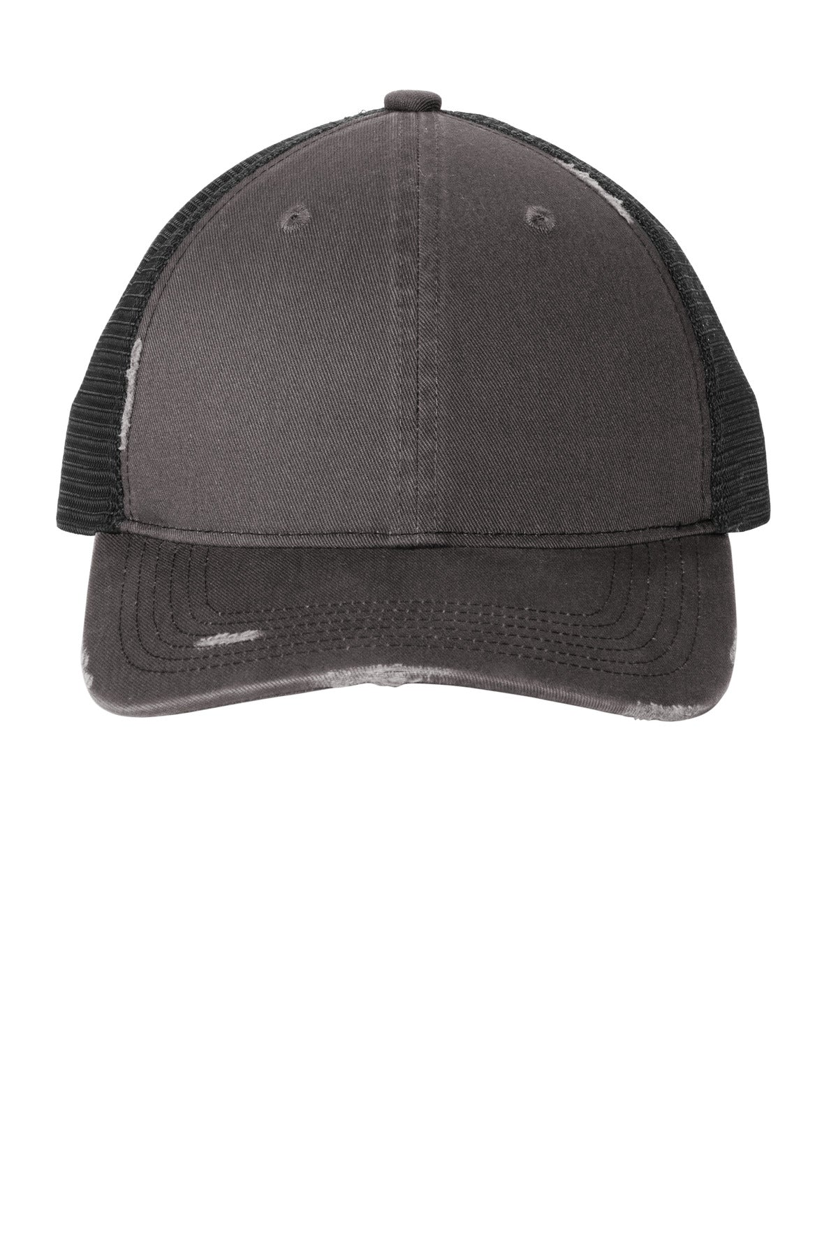 Port Authority distressed mesh back cap in gray steel and black, featuring a structured style and adjustable strap.