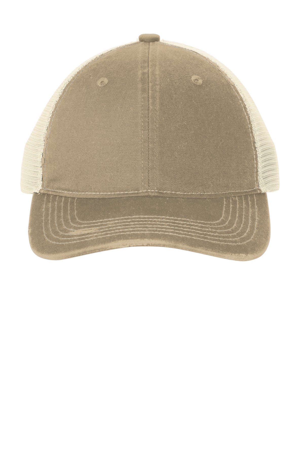 Khaki distressed mesh back cap by Port Authority, with curved brim and adjustable strap for casual outdoor wear.