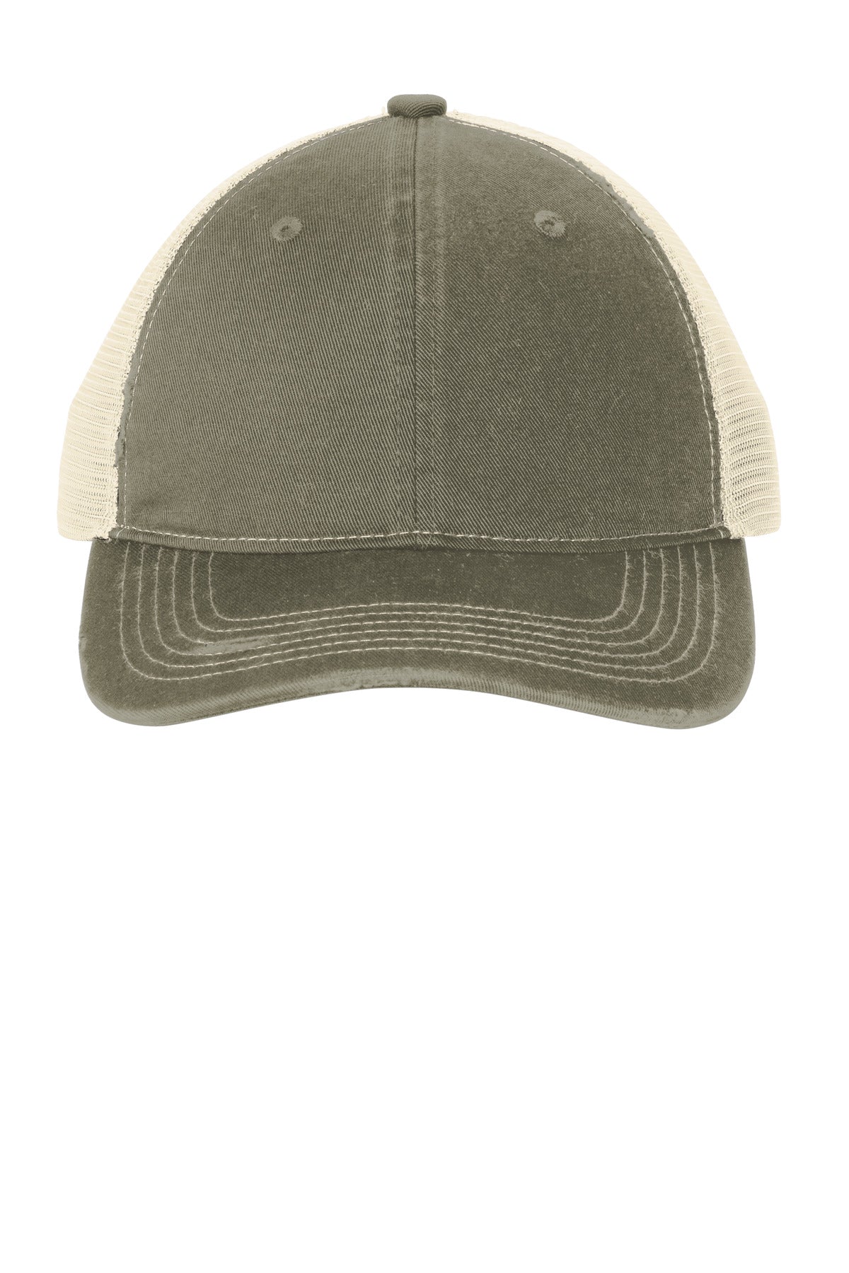 Light olive Port Authority distressed mesh back cap with curved brim and adjustable strap.