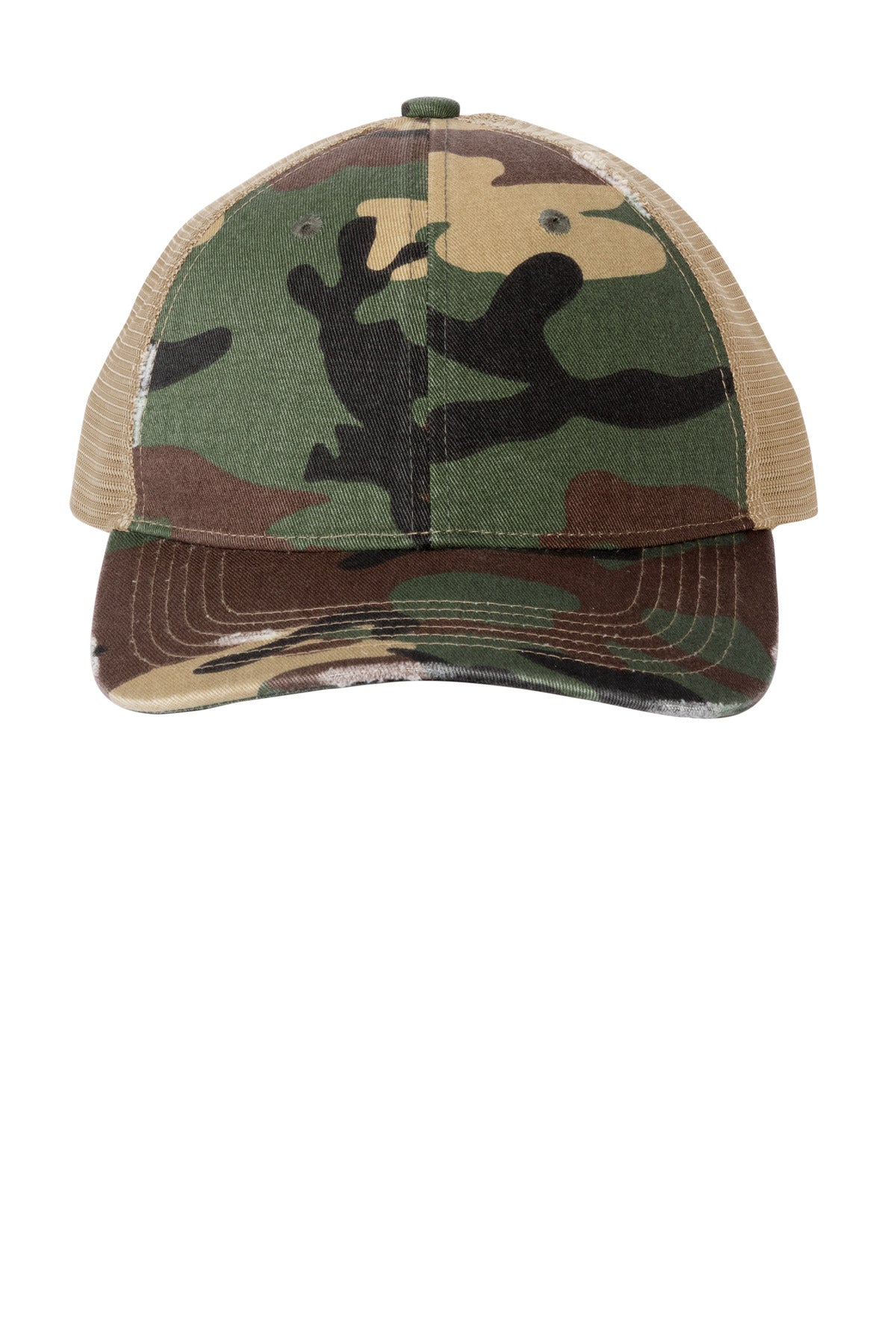 Port Authority distressed mesh back cap in military camouflage khaki with curved brim and adjustable strap.