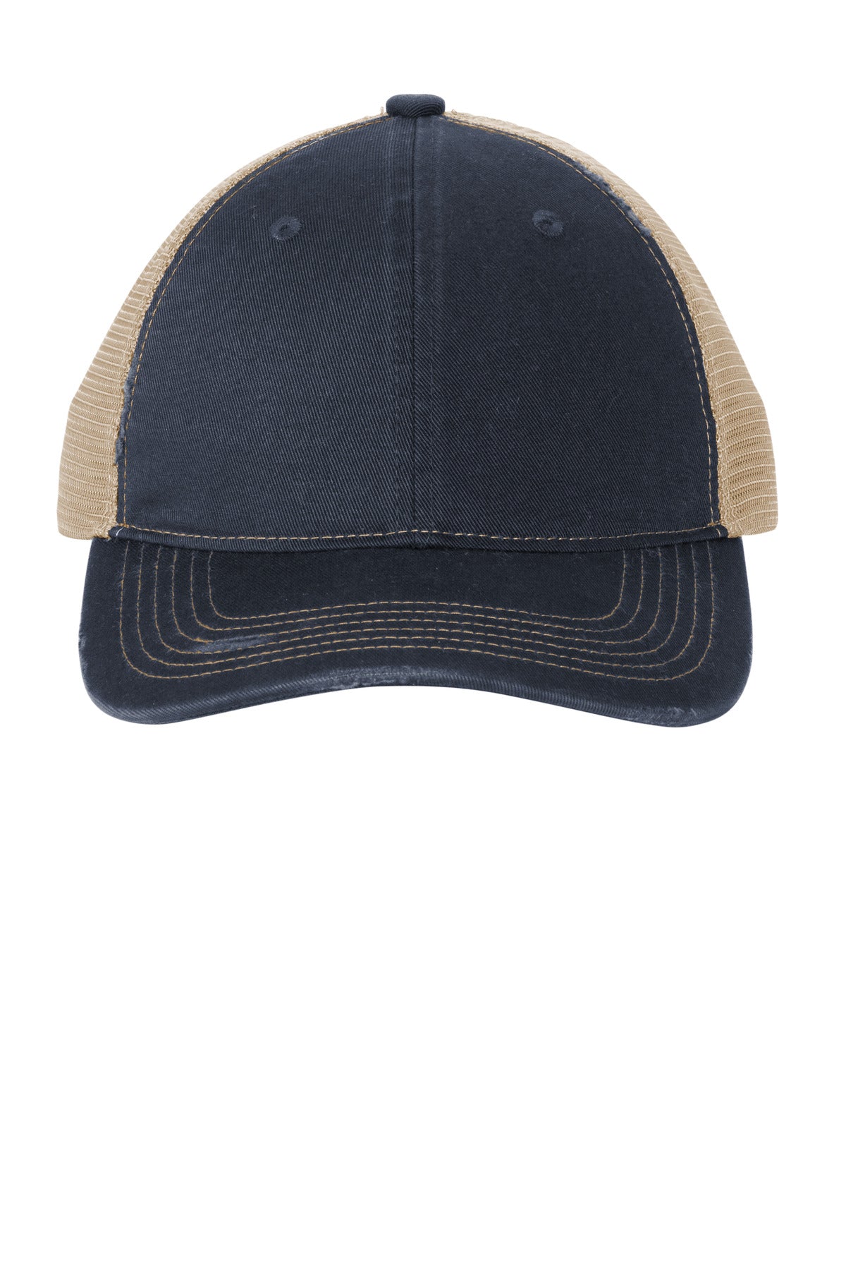Port Authority distressed mesh back cap in river blue, navy, and khaki colors, featuring a curved brim and adjustable strap.