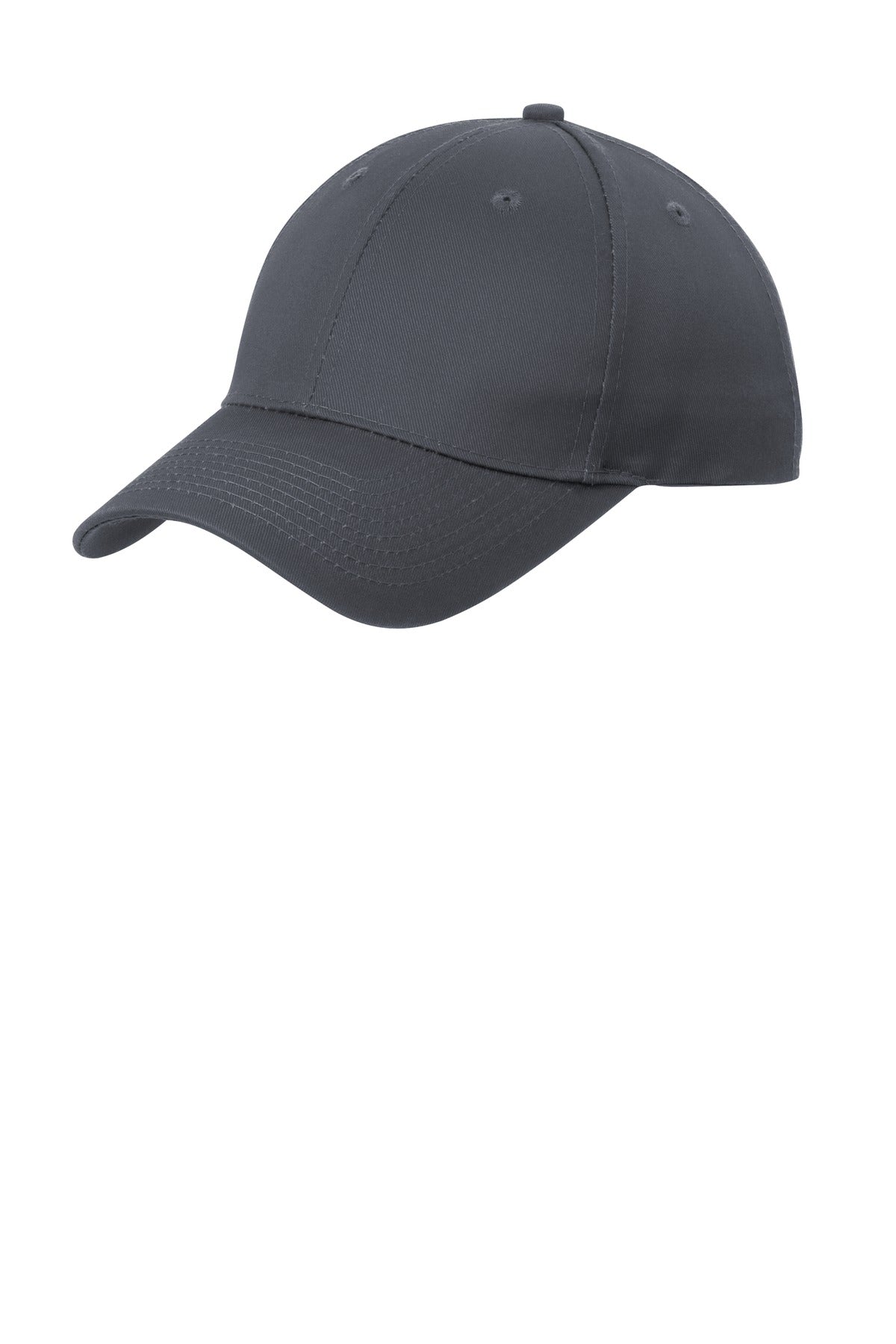 Steel grey Port Authority Easy Care Cap with flat front, adjustable strap, and classic baseball cap style.