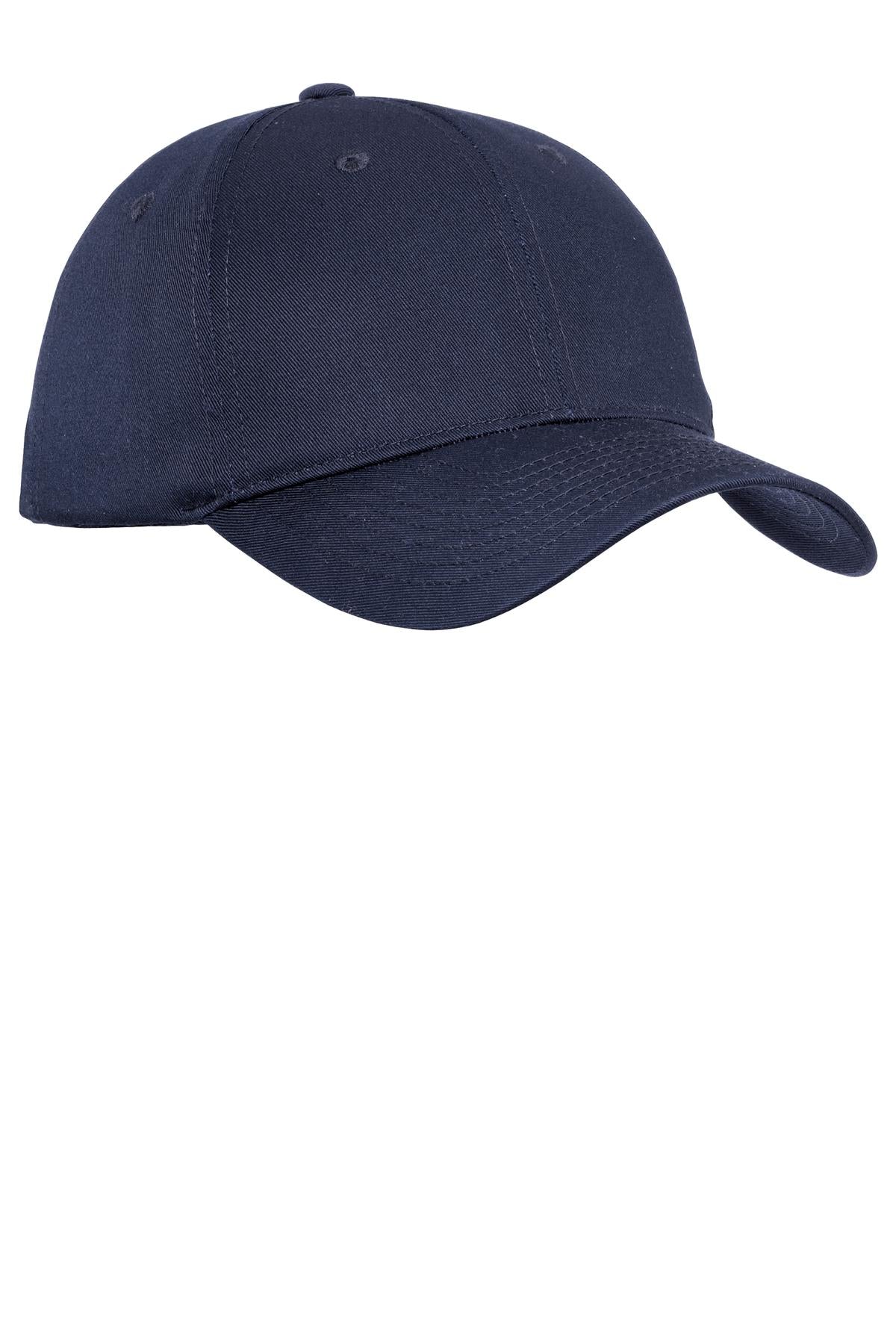 Navy Port Authority ® Fine Twill Cap with adjustable strap and curved brim, made of durable twill fabric.