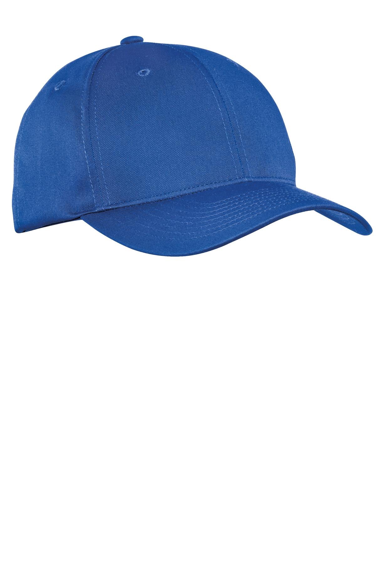 Royal blue Port Authority Fine Twill Cap with curved brim and adjustable strap, made of durable twill fabric.