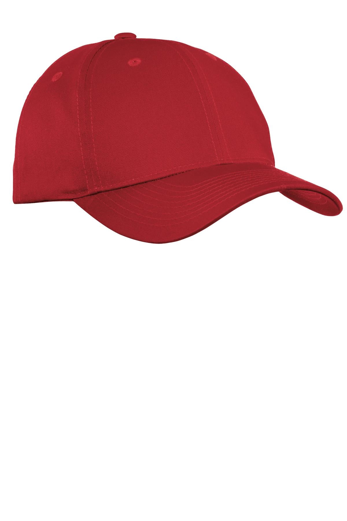 Red Port Authority Fine Twill Cap with curved brim and adjustable strap, showcasing classic design and stitching details.