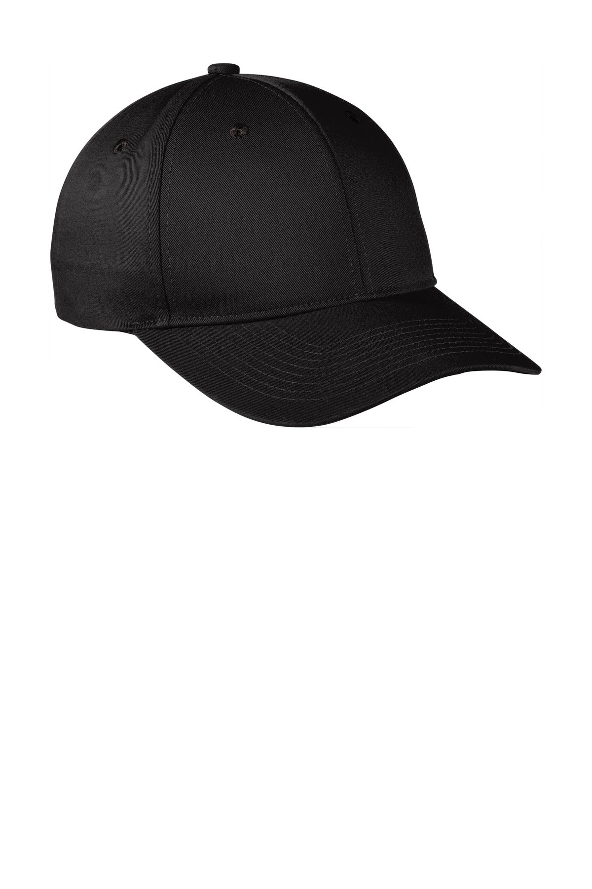 Black Port Authority snapback cap with flat front in fine twill fabric, stylish and adjustable for a comfortable fit.