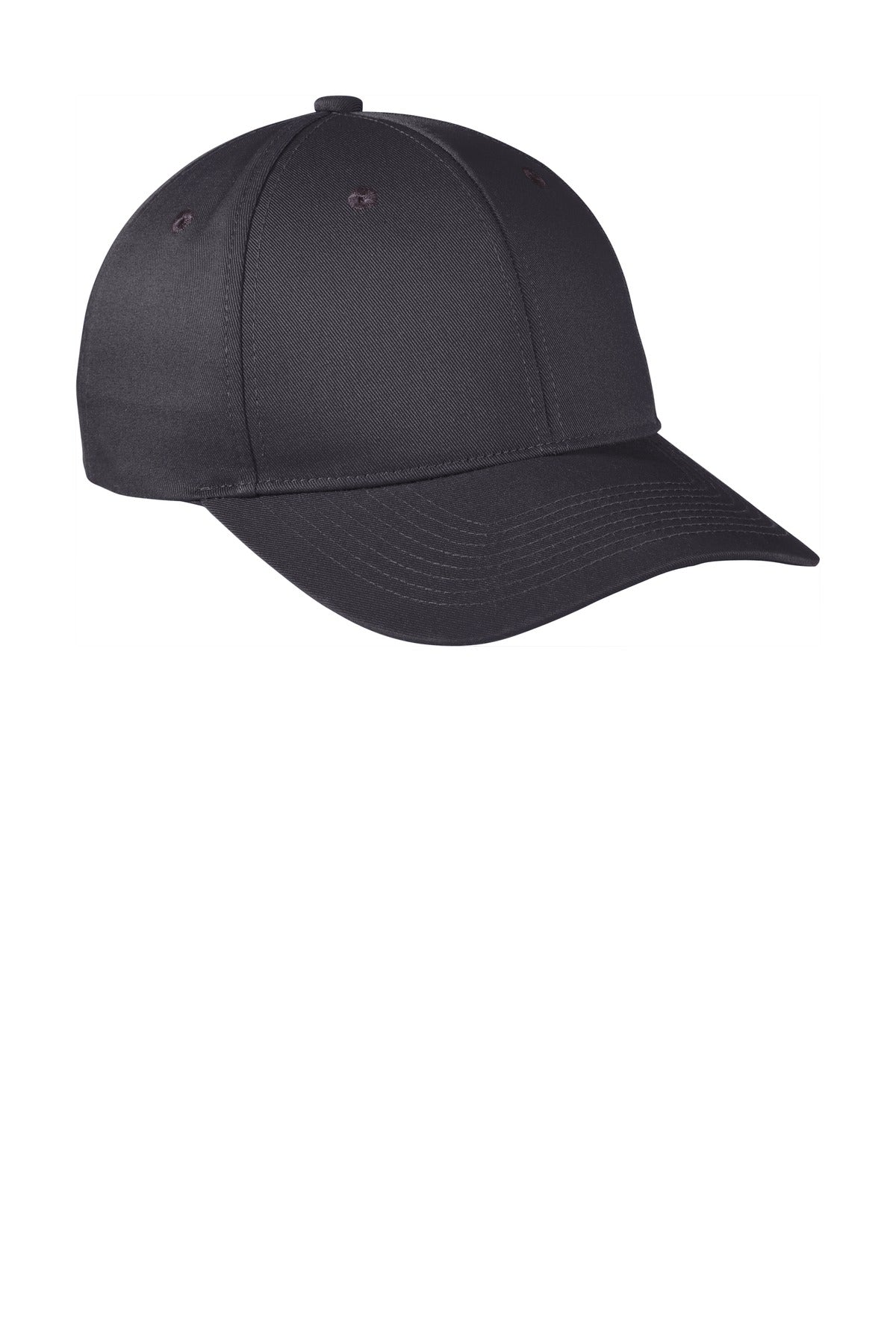Port Authority snapback cap in graphite grey with a flat front, made from fine twill fabric for a stylish, casual look.