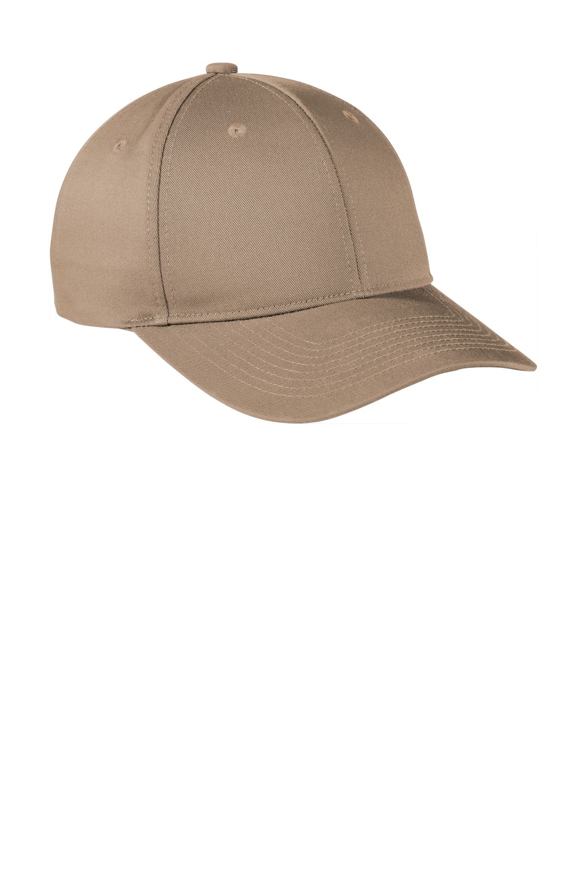 Khaki Port Authority snapback cap with flat front design, made from fine twill fabric, featuring a structured crown and adjustable strap.